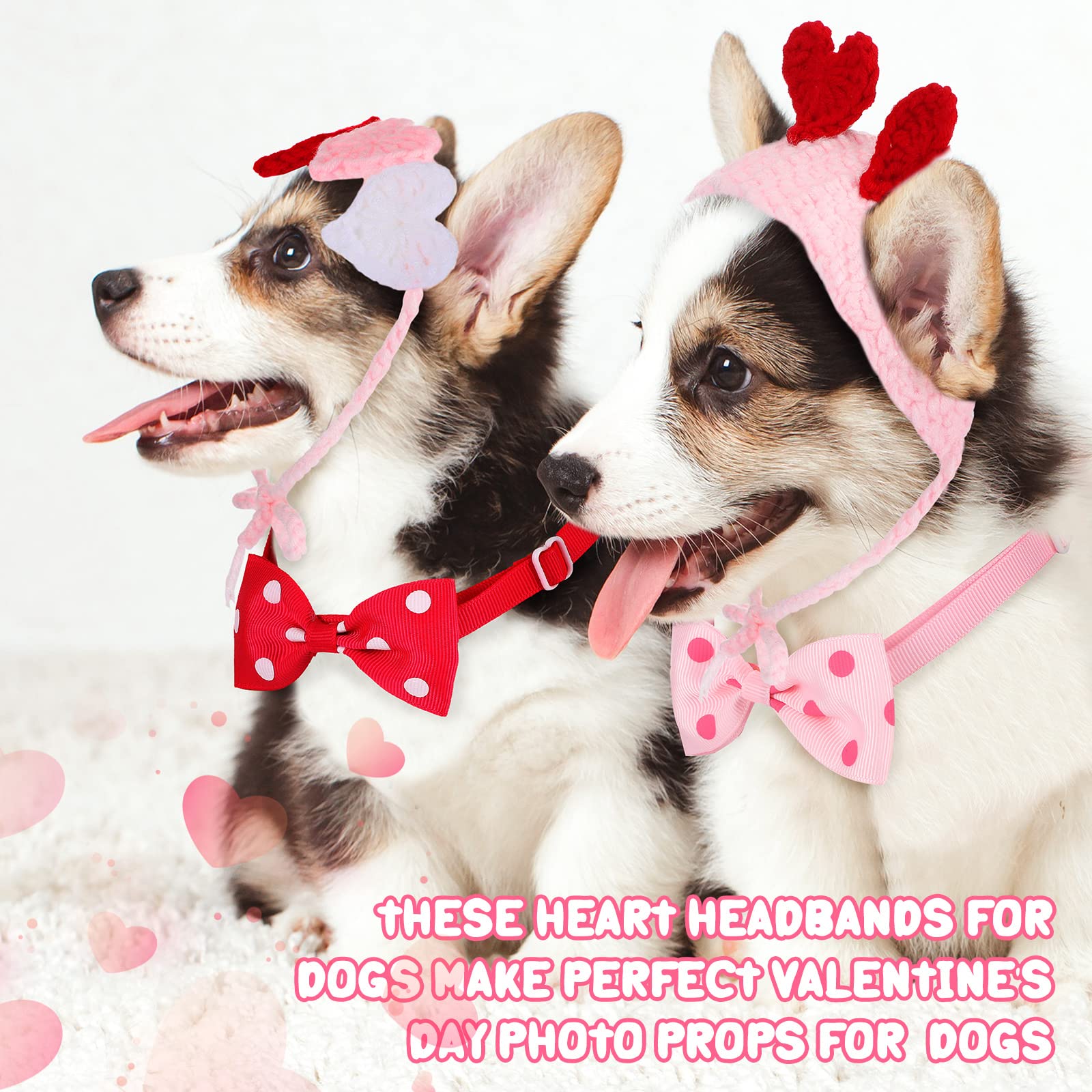 Mtlee 2Pcs Valentines Day Heart Headband For Cat And 2Pcs Pet Neck Bow Cat Valentines Day Headband With Ear Holes And Chin Strap