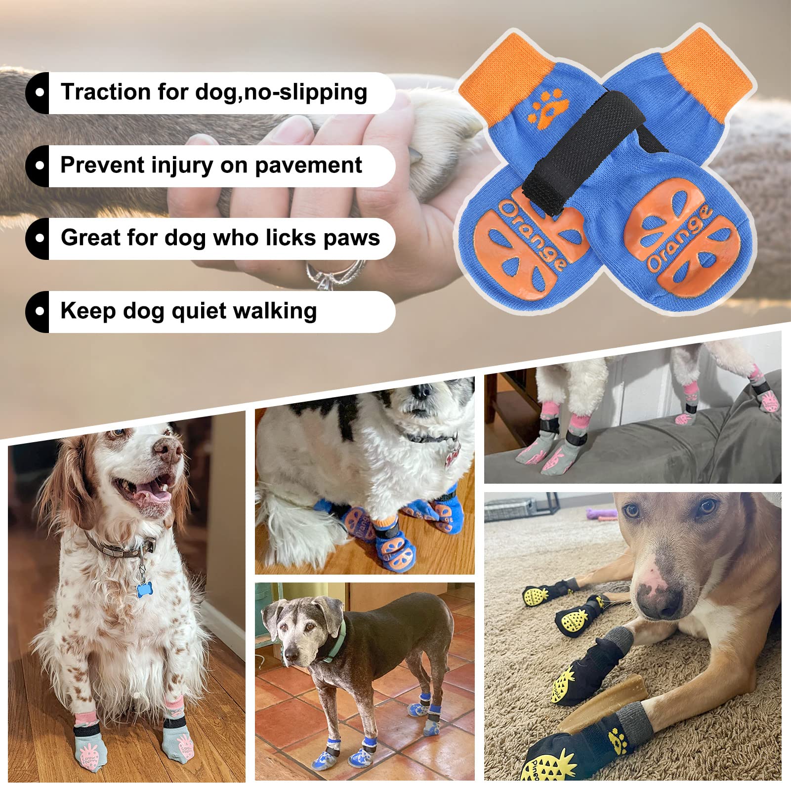 BEAUTYZOO Non Slip Dog Socks, Cotton Grip Paw Protector for Dogs, M Size, Orange Blue, 2 Pairs for Hot/Cold Pavement