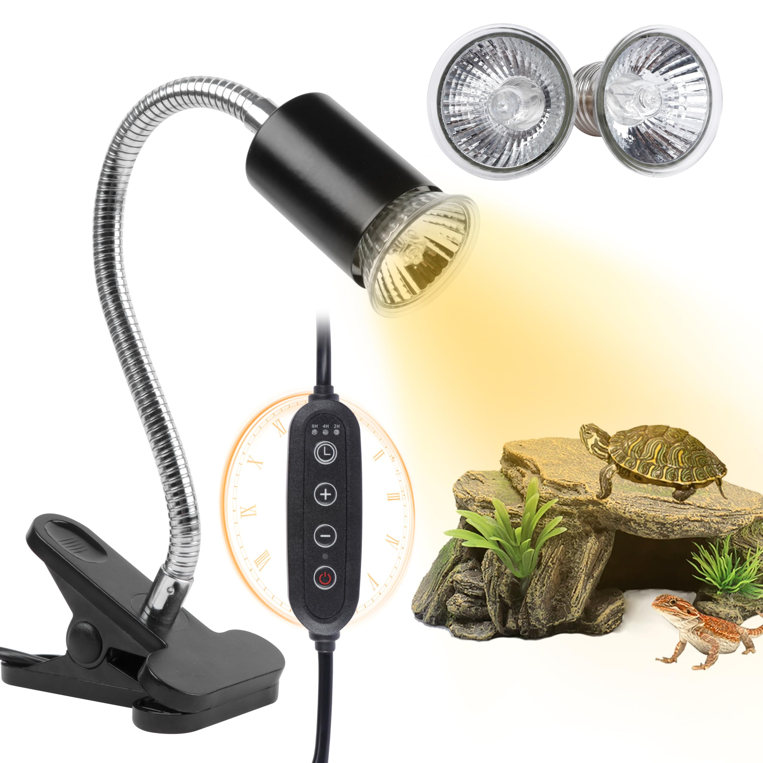 Repti Home Turtle Basking Light (Cycle Timer), Tortoise Lamp Uva Uvb Heat Bulbs -2 Pack 50W, 360Rotatable Turtle Uva/Uvb Basking