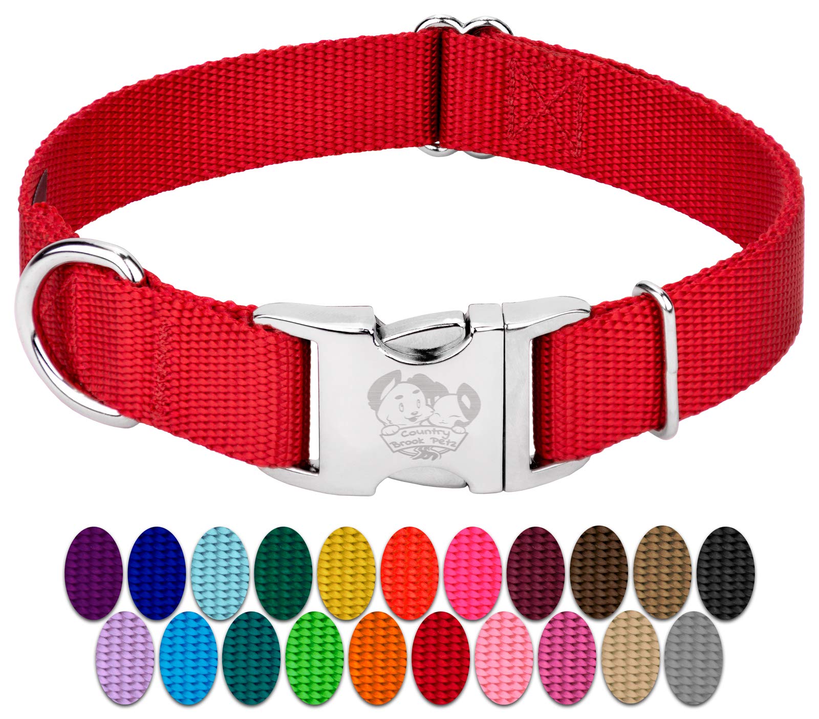Country Brook Design - Vibrant 30+ Color Selection - Premium Nylon Dog Collar With Metal Buckle (Extra Large, 1 Inch, Bright Red)