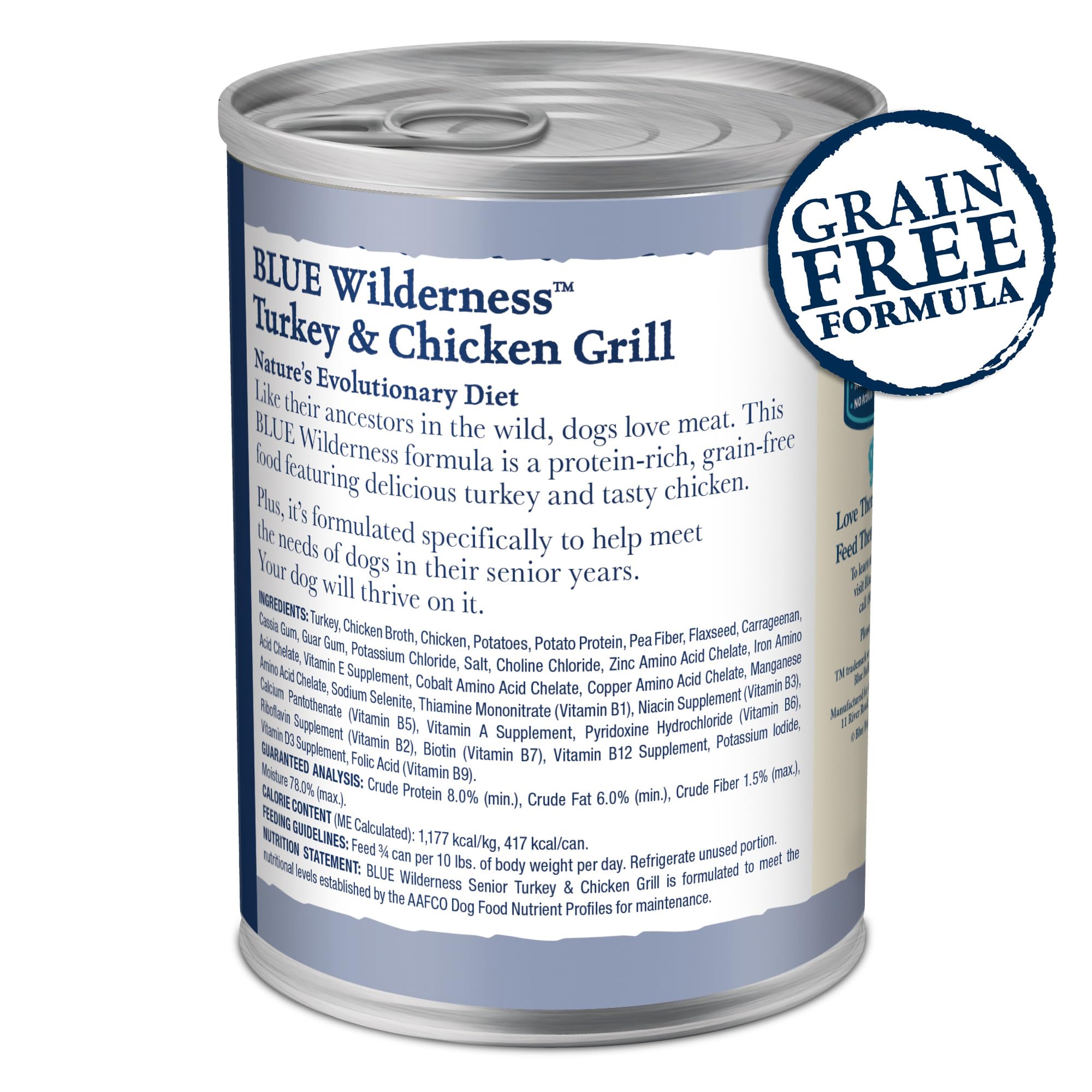 Blue Buffalo Wilderness Natural High Protein Wet Food for Senior Dogs, Turkey & Chicken, 12.5-oz Cans, 12-Count