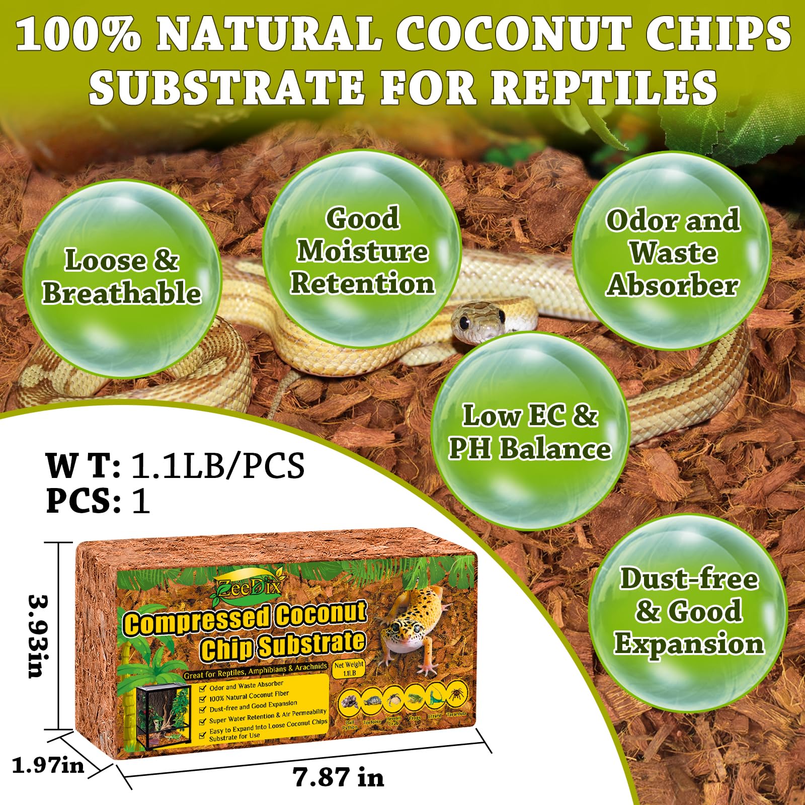 Zeedix Natural Coconut Chips Substrate For Reptiles, Coconut Fiber Husk Reptiles Bedding, Compressed Coco Chips Substrate For Ba