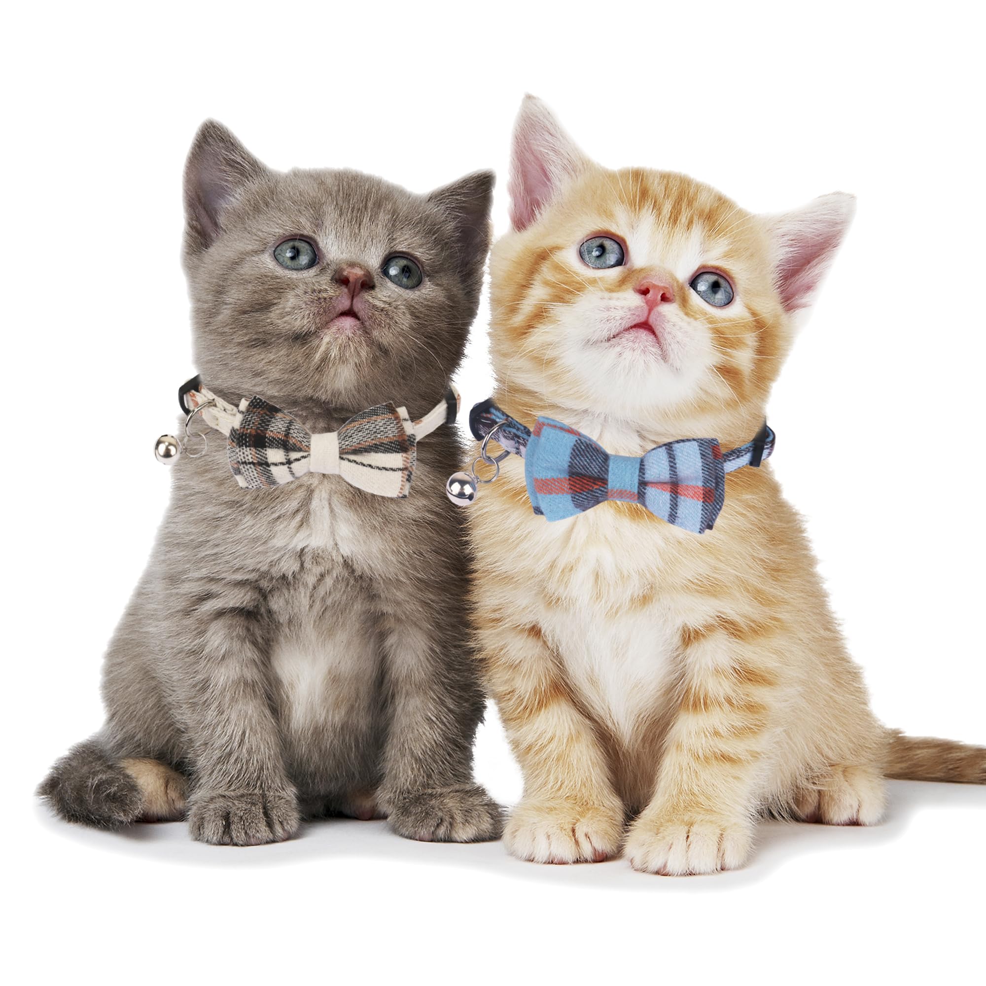 Adoggygo Plaid Cat Collars Breakaway With Bow Bell, Removable Bowtie, 2 Pack Beige Blue Plaid Kitten Bow Collar For Cats Kittens