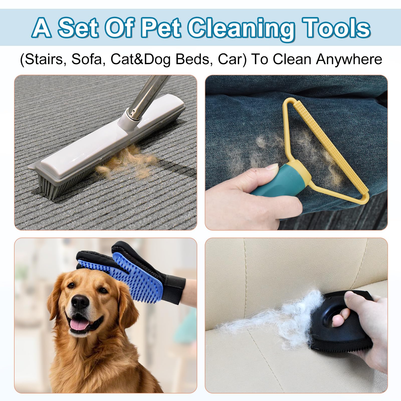 Enmaipet Carpet Rake For Pet Hair Removal, Reusable Pet Hair Remover With 48    Adjustable Long Handle, Pet Hair Remover Gloves,