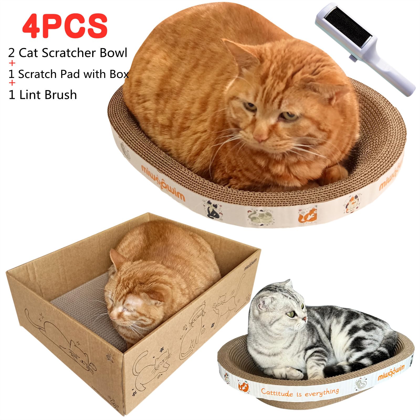 Miwoowim 4Pcs 2 Cat Scratcher Bowl +1 Corrugated Scratch Pad With Box+ 1 Brush,Oval Shape Cat Scratcher Cardboard Bed, Scratchin