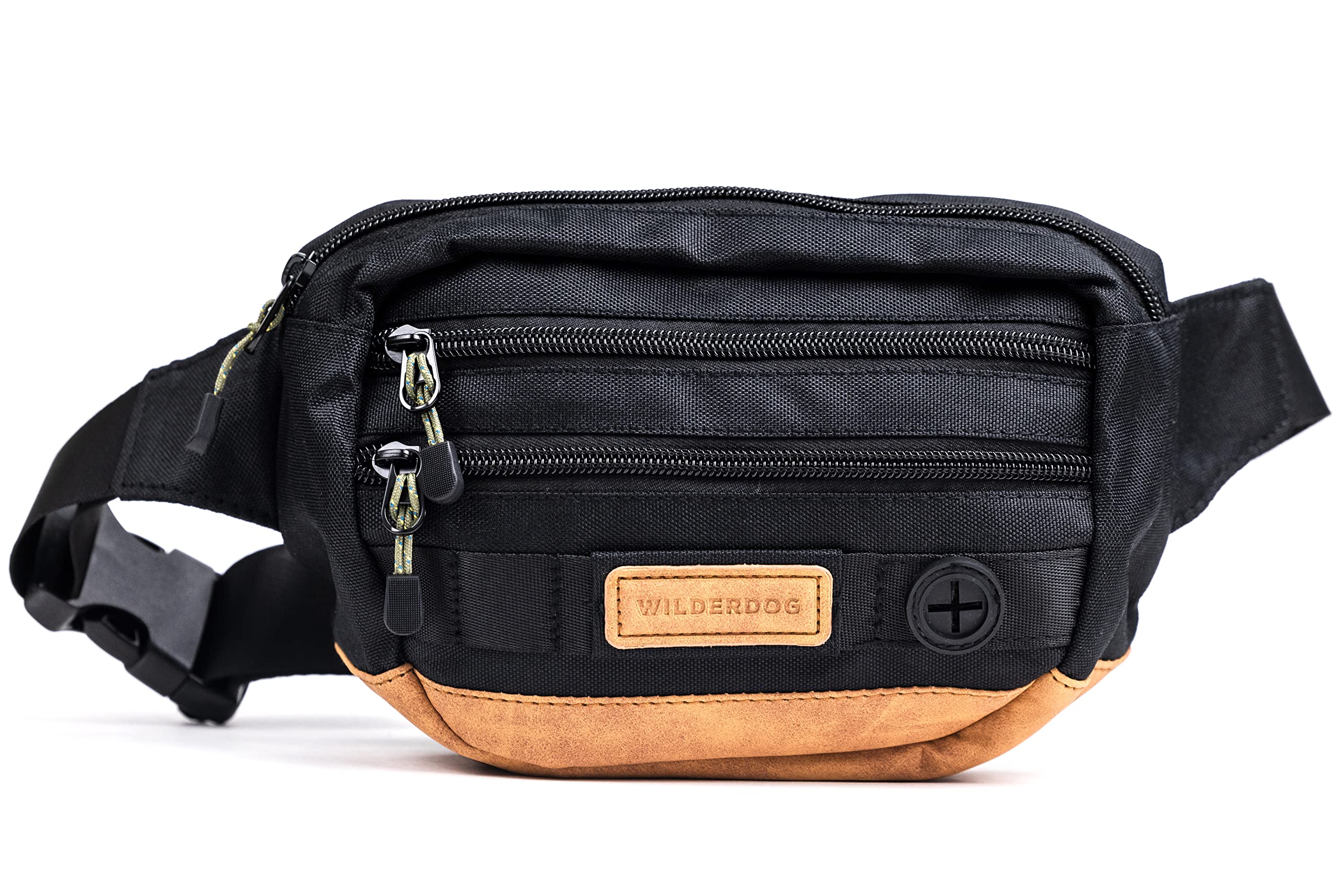 Wilderdog Utility Fanny Pack stores Treats, Balls, Keys in 3 Pockets with adjustable strap and Poop Bag dispenser (Black)