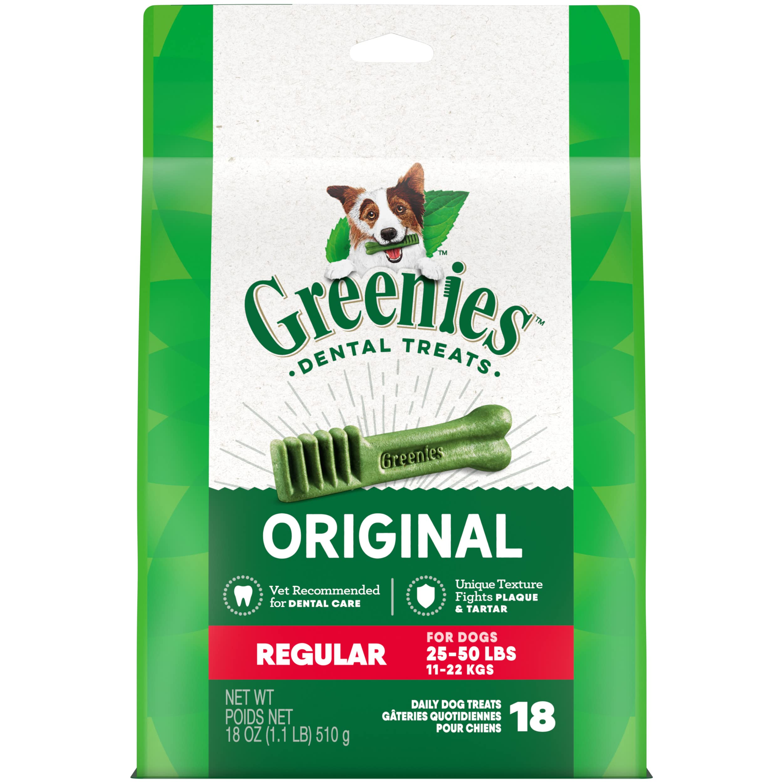 Greenies Original Regular Natural Dental Care Dog Treats, 18 oz. Pack (18 Treats)