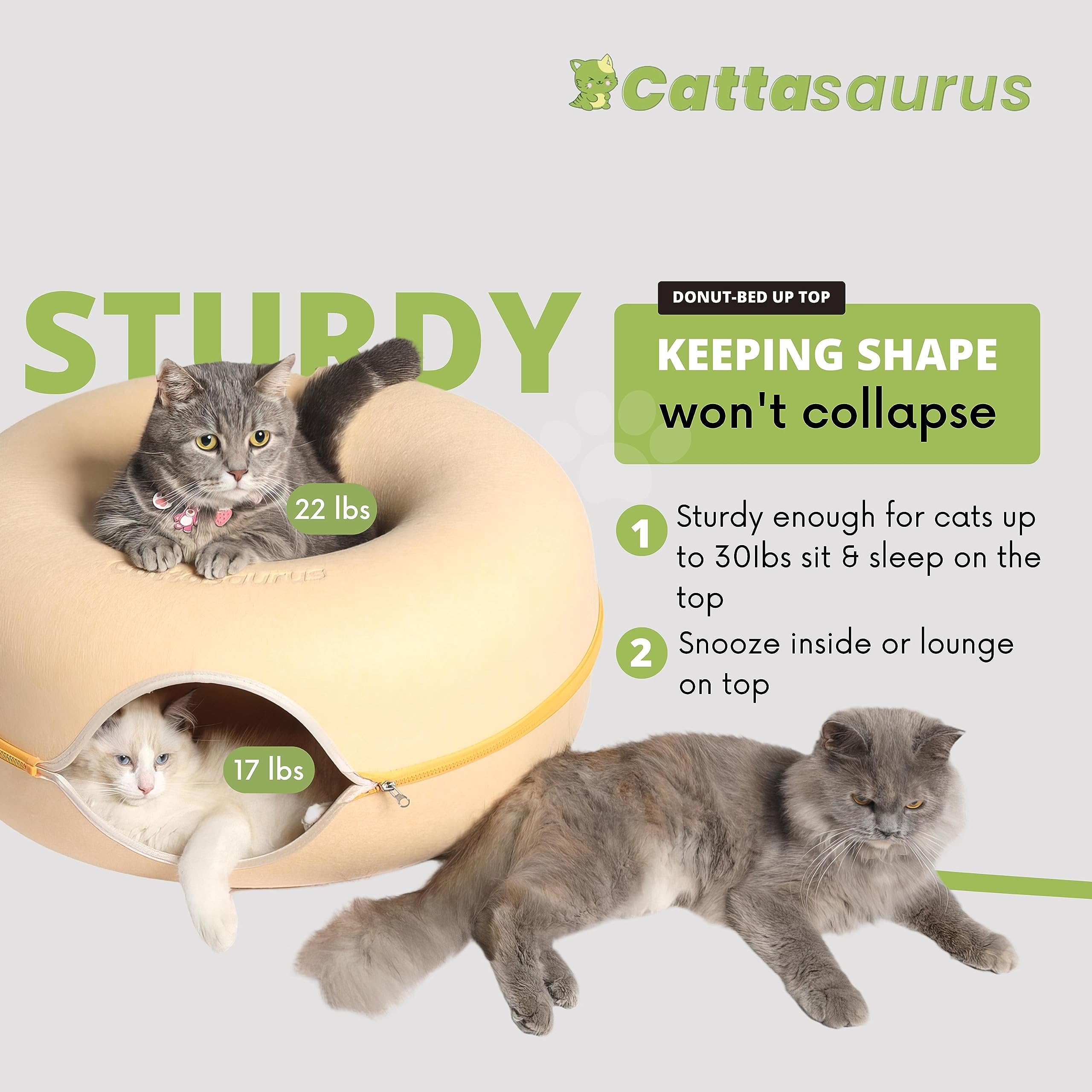 Cattasaurus Peekaboo Cat Cave - Large Pastel Macaron, Washable Felt Tunnel Bed for Multiple Cats Up to 45 Lbs, Model PAB1701