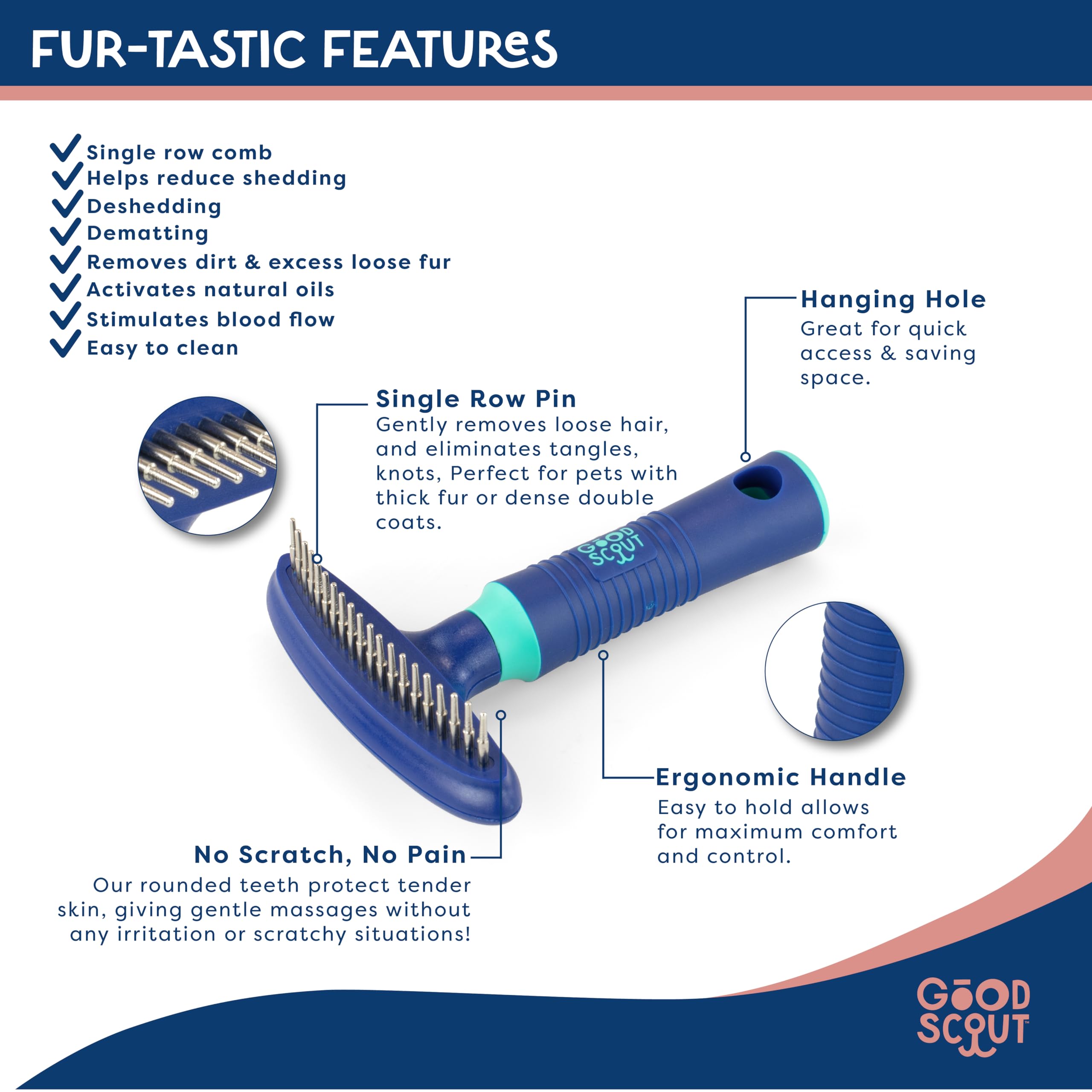 Good Scout Pet Hair Rake - Metal Grooming Tool for Dogs & Cats, Blue, Model 38027, Effective Deshedding for Short & Long Haired Animals
