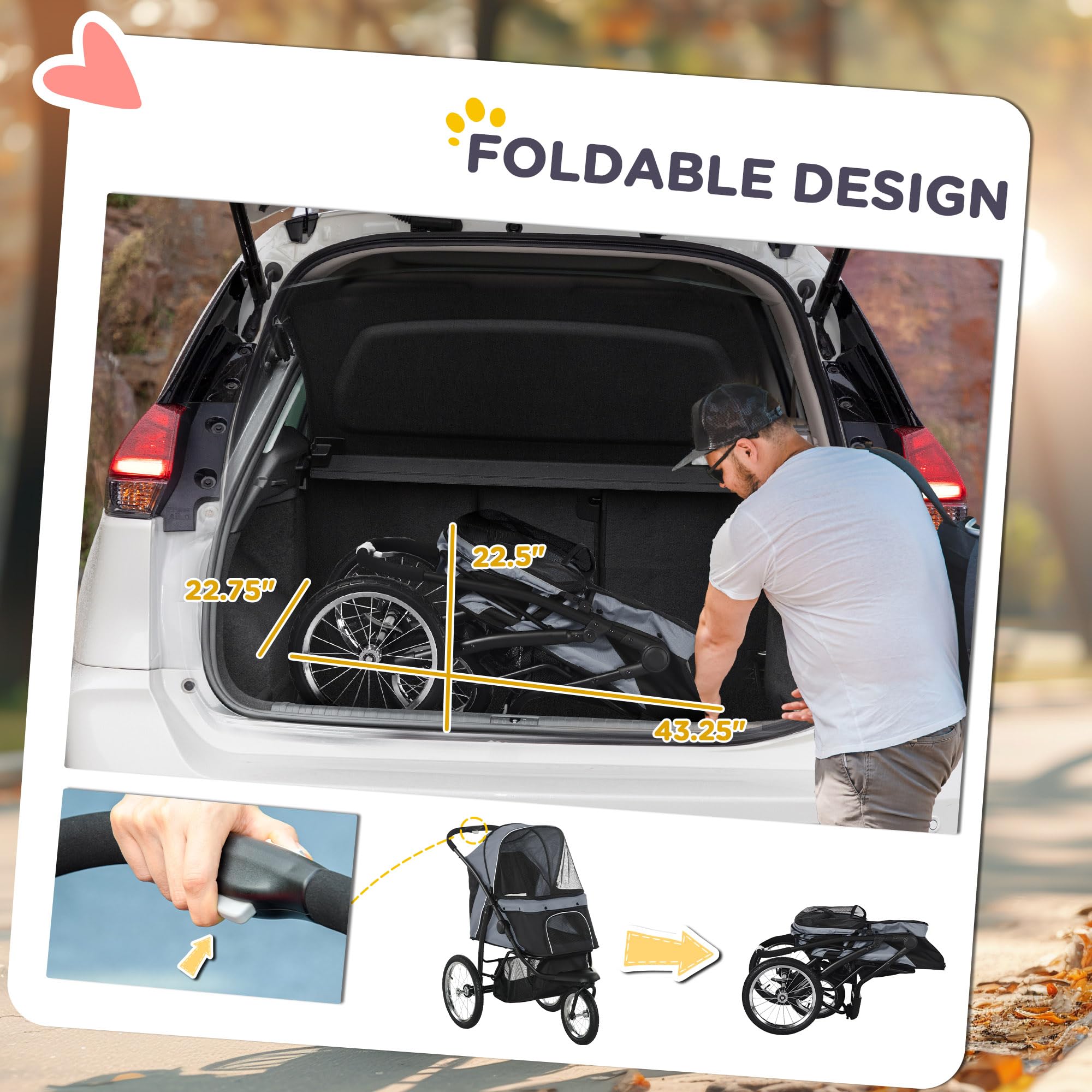 Pawhut Pet Stroller For Small And Medium Dogs, 3 Big Wheels Foldable Cat Stroller Jogger With Adjustable Canopy, Safety Tether,