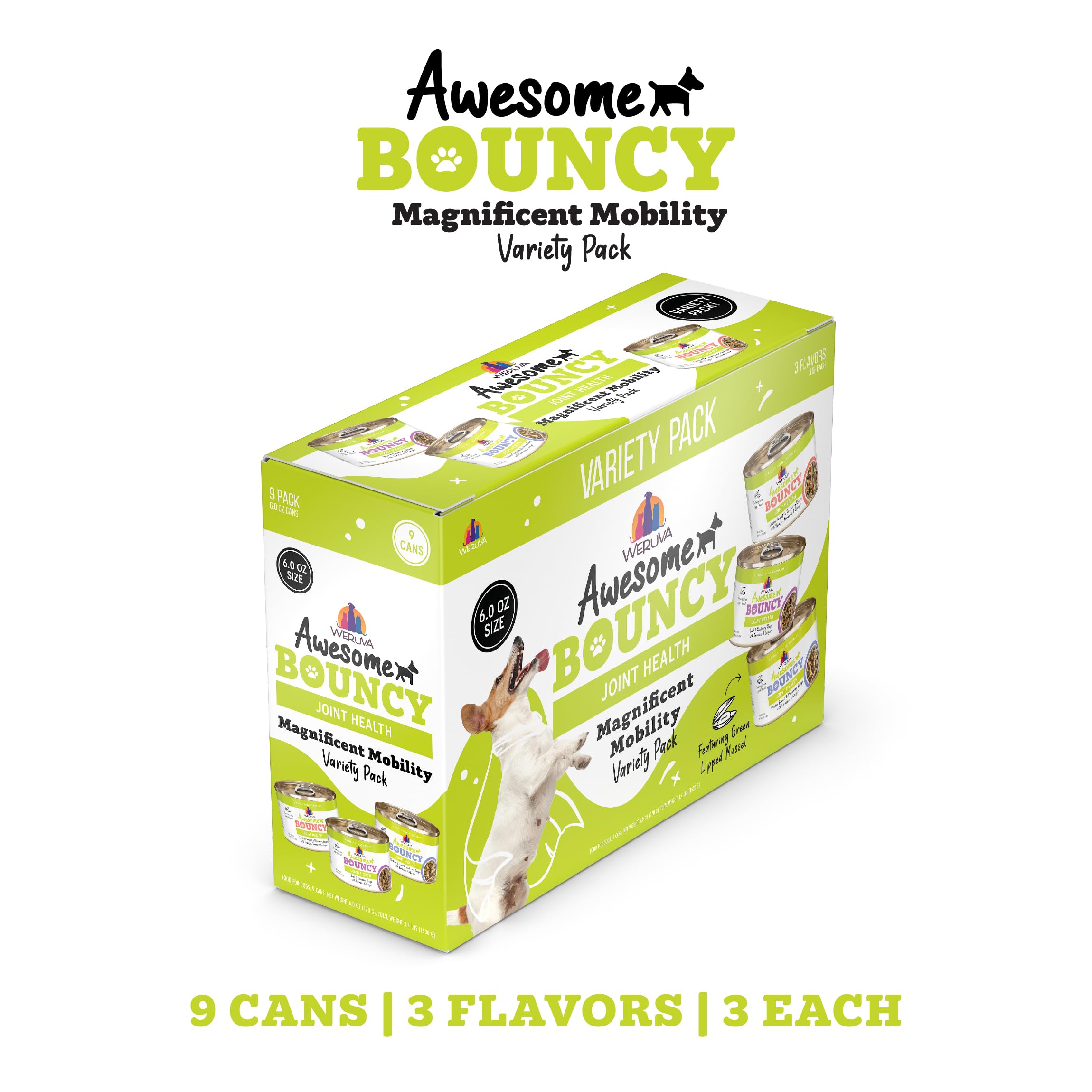 Weruva Awesome Bouncy Wet Dog Food, Magnificent Mobility Variety Pack, 6oz Can (Pack of 9)