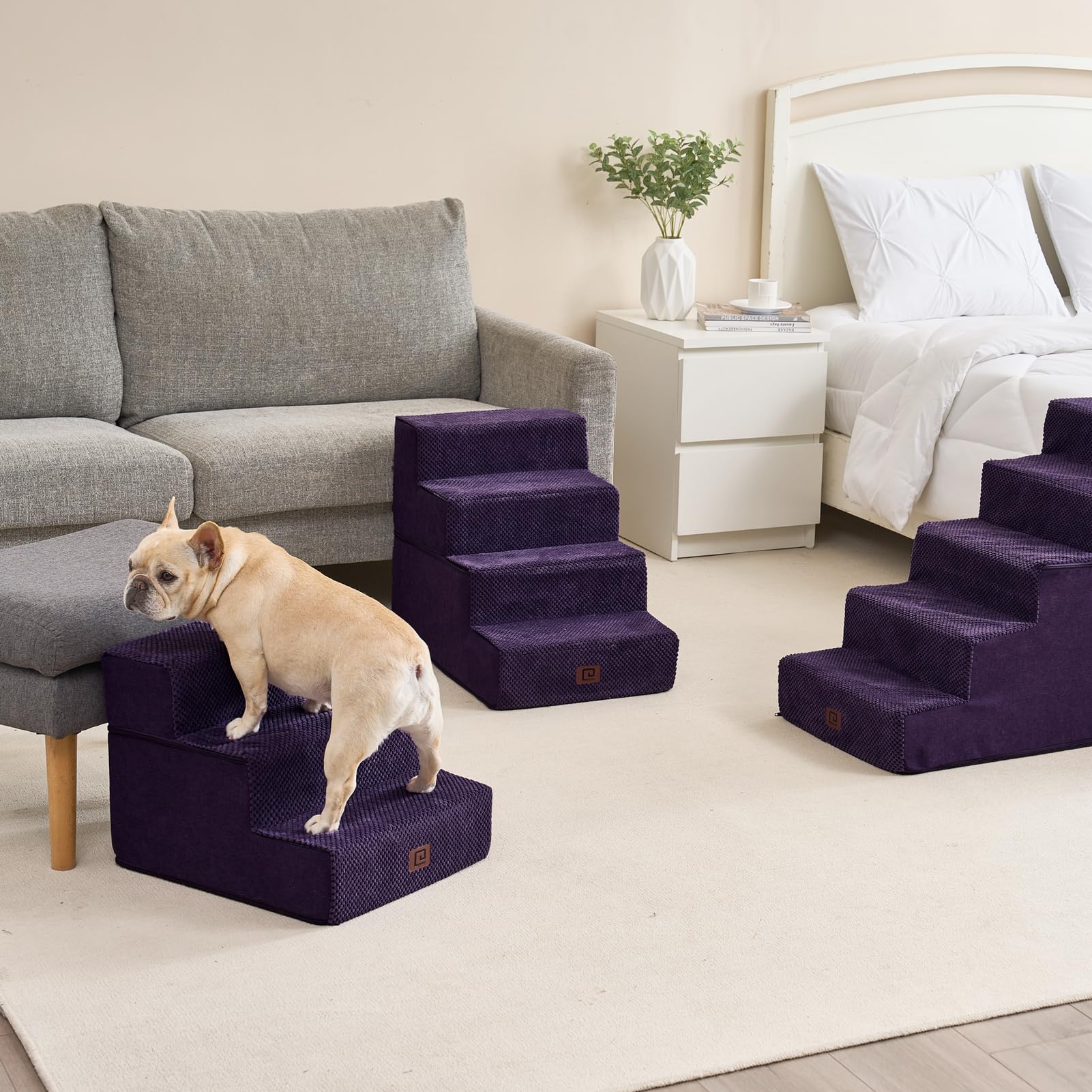 Eheyciga Dog Stairs For Small Dogs 13.5' H, 3-Step Dog Steps For Couch Sofa And Chair, Pet Steps For Small Dogs And Cats, Non-Slip Balanced Dog Indoor Ramp, Purple