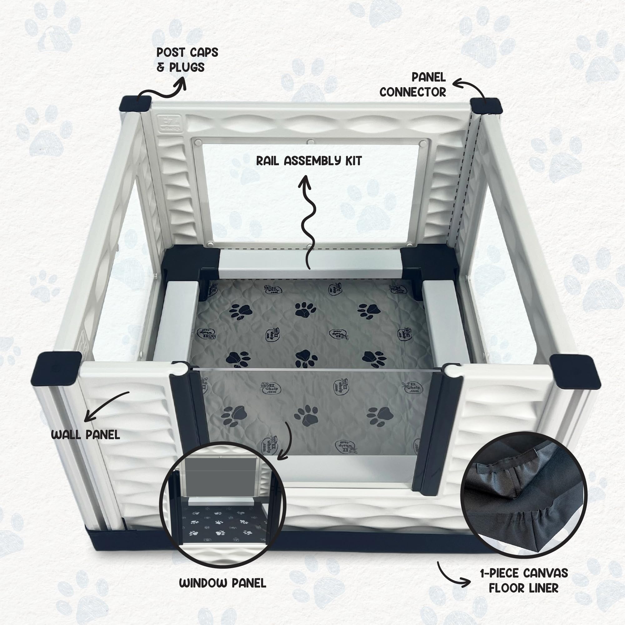 Ezwhelp Ezclassic Windowed 28''X28''X18'' Whelping Box With Rails, Gray Pad