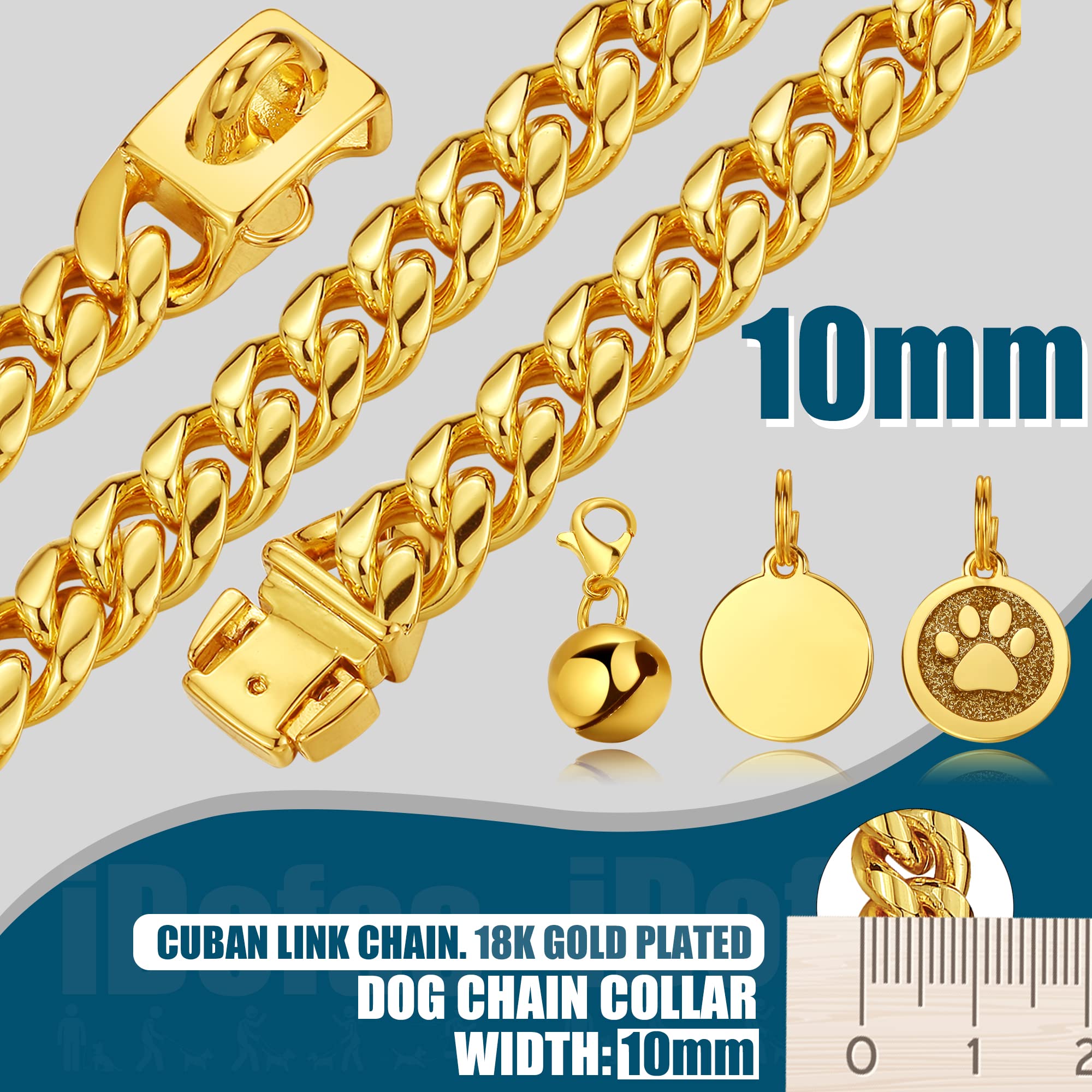 Idofas Dog Chain Collars Cuban Link Dog Collar Design Buckle With Bell & Dog Tag Stainless Steel Metal 10Mm Gold Silver Dog Coll