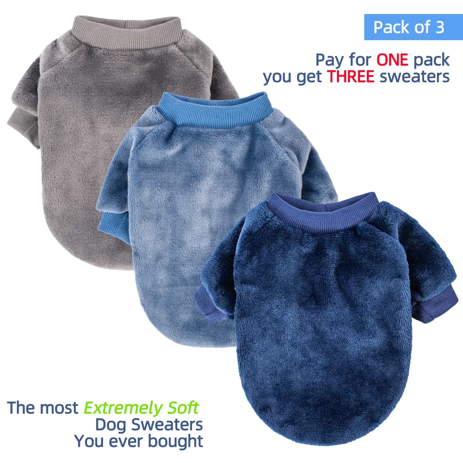 Fabricastle Small Dog Sweaters, 3-Pack Dog & Cat Clothes, Ultra Soft And Warm Pet Jackets For Small Dogs Boy & Girl, Winter Pet
