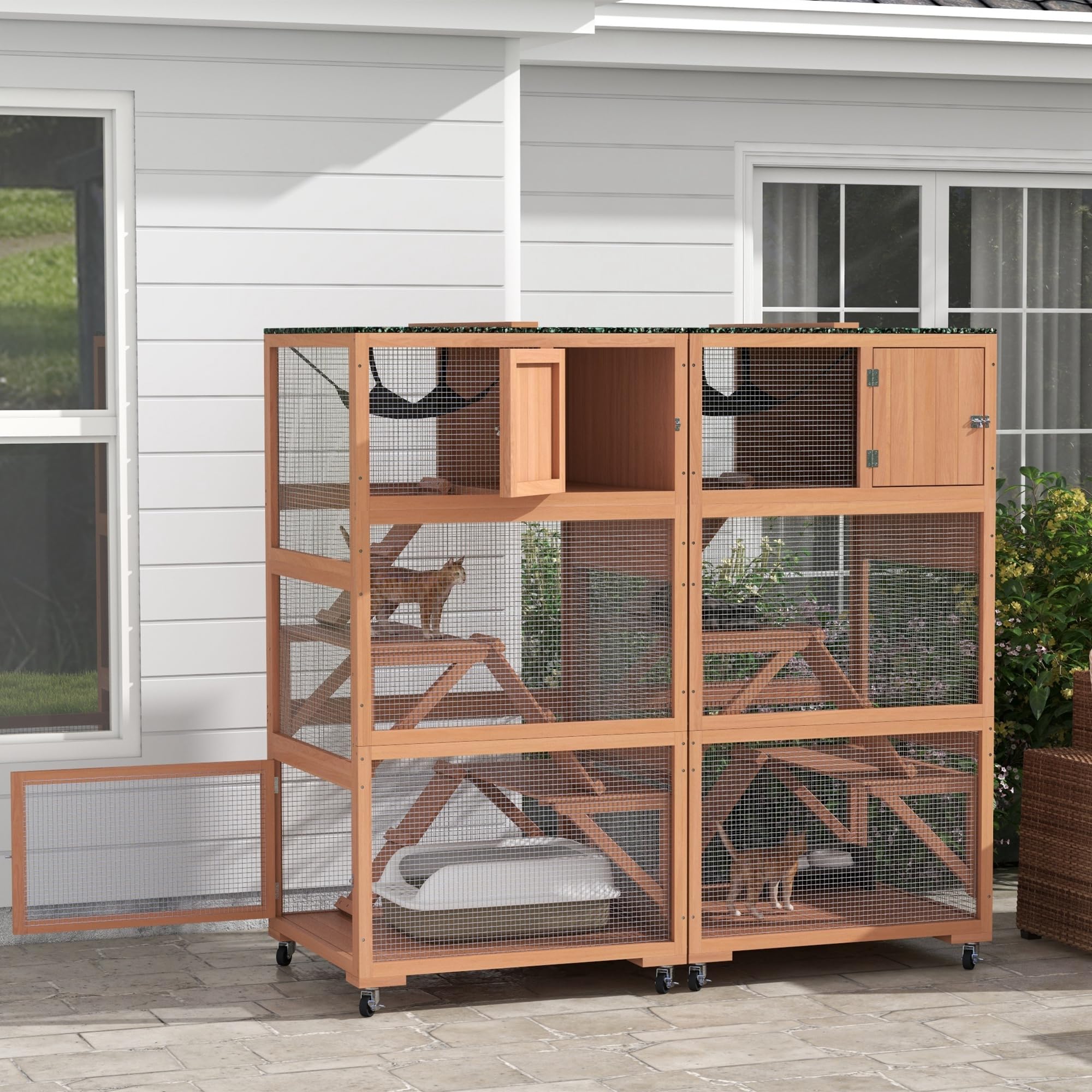 Pawhut 2 Piece Catio, Outdoor Cat Enclosure House, Wooden Feral Cat Shelter On Wheels, Cat Cage With Hammocks, Platforms Ramps,