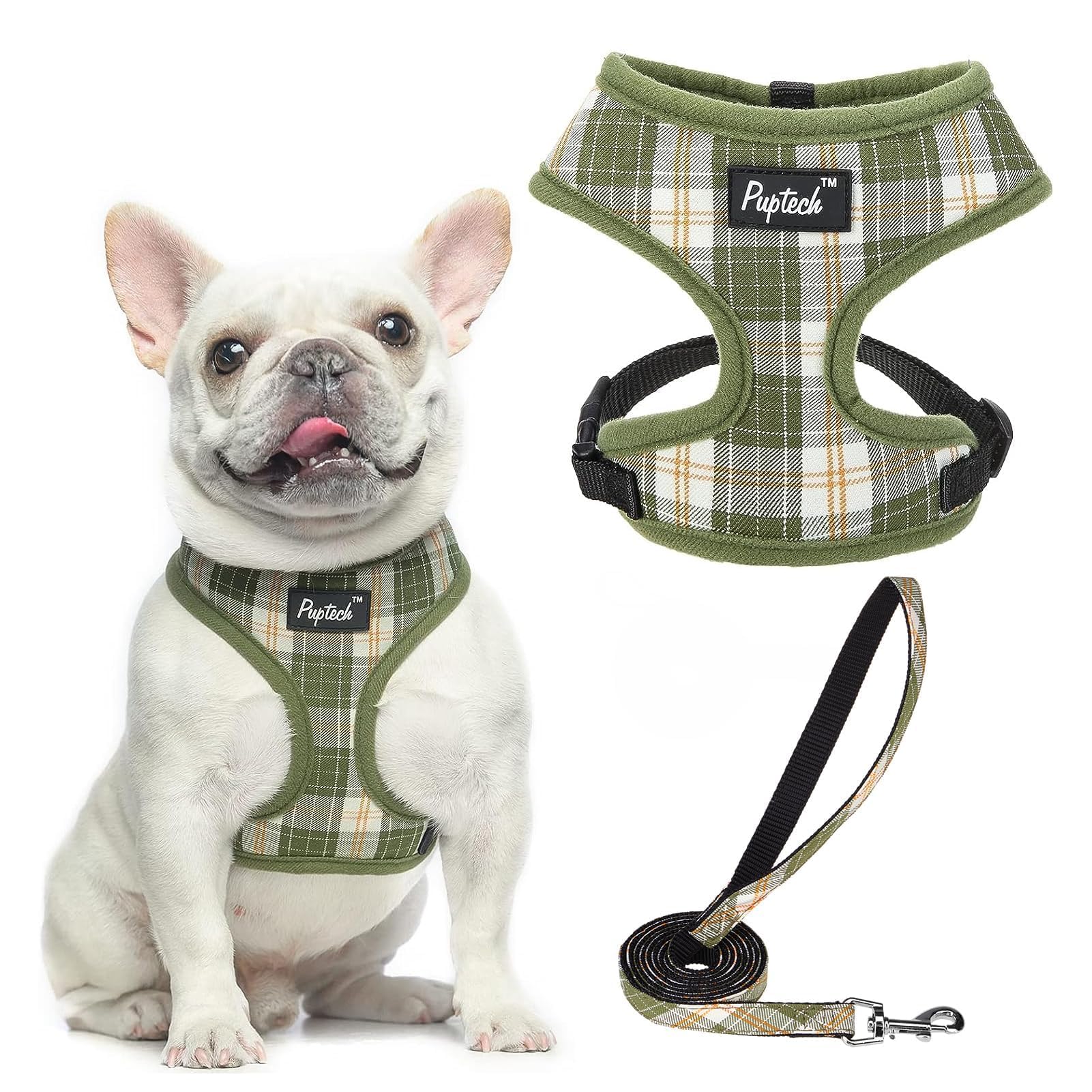 Pupteck Soft Mesh Dog Harness And Leash Set Pet Puppy Cat Comfort Padded Vest No Pull Harnesses, Olive Green, L