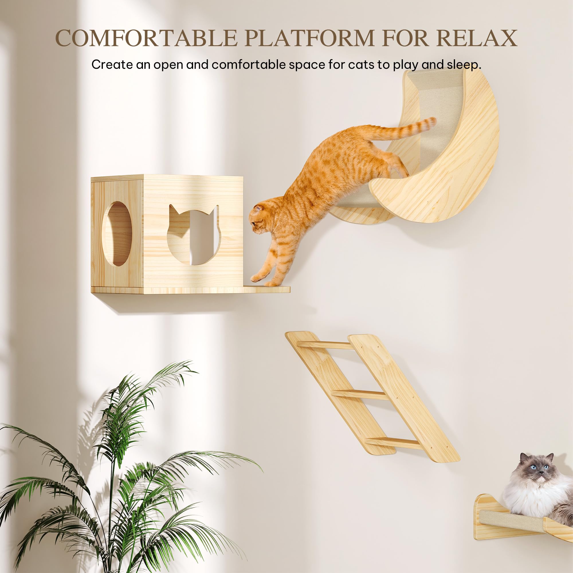 Homiflex Cat Wall Shelves and Perches, Solid Wood Wall Mounted Cat Furniture, Set of 13 Cat Climbing Shelves with Moon Hammock,