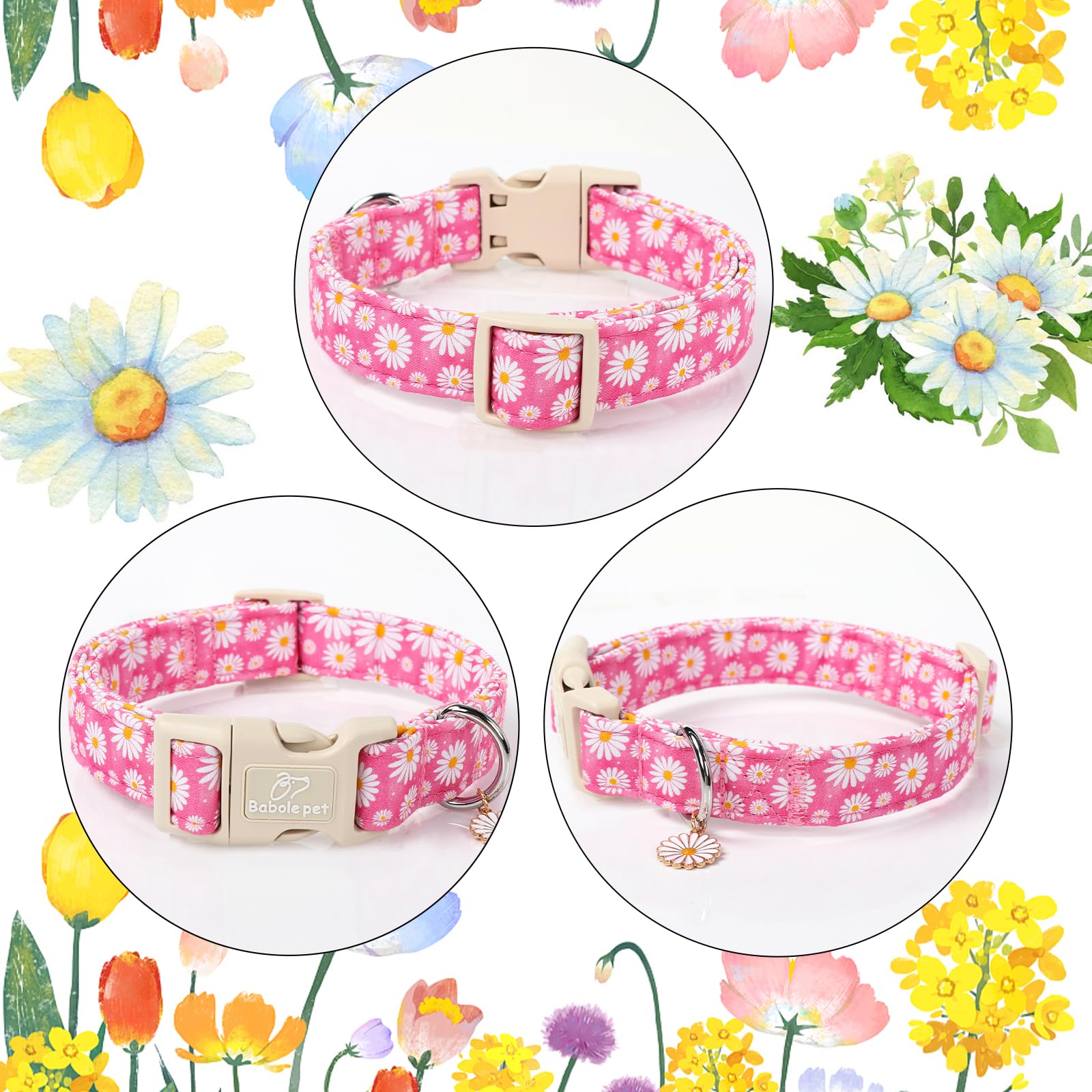 Babole Pet Summer Daisy Dog Collar, Cute Floral Adjustable Pink Dog Collars For Small Dogs, Lightweight Quick-Release Buckle Col