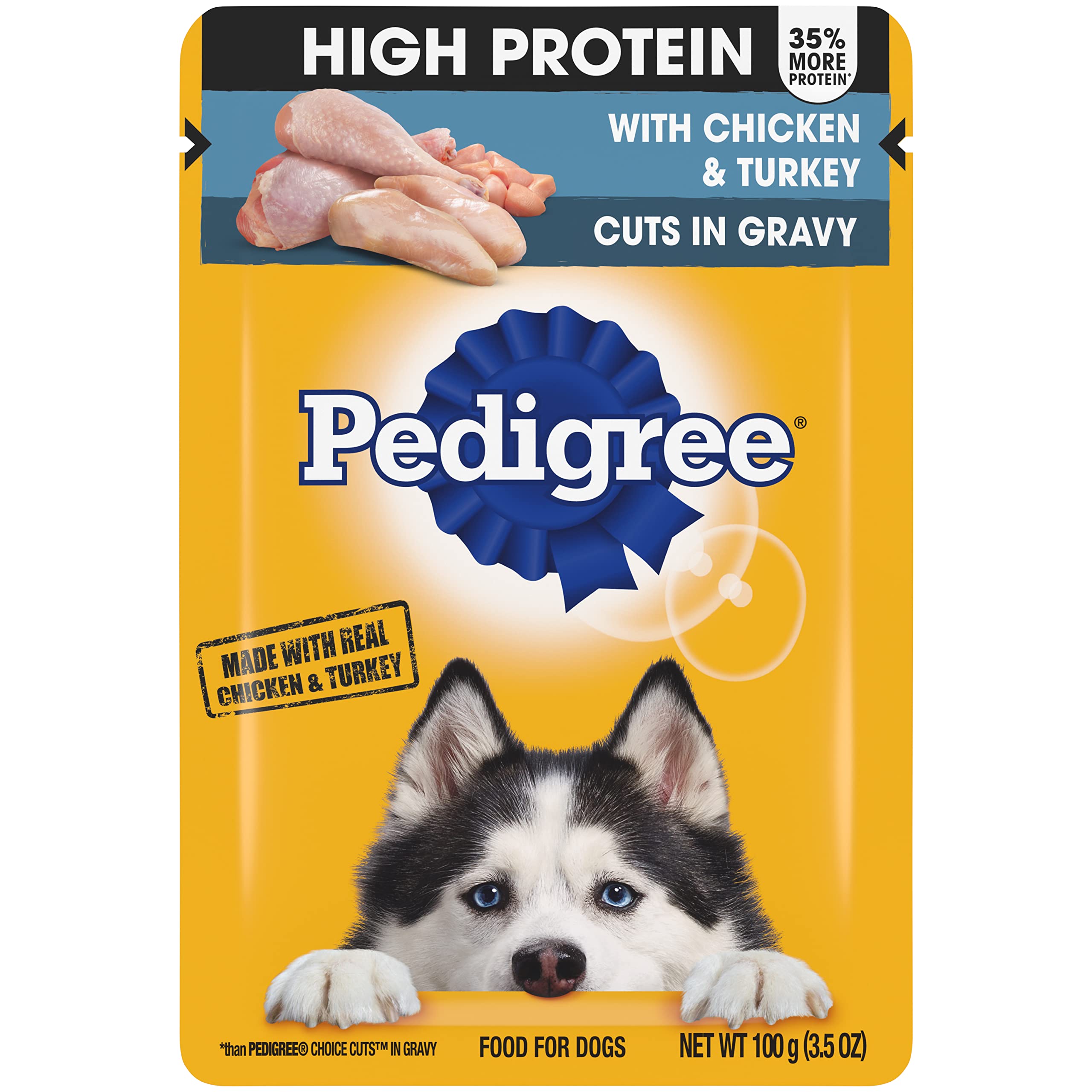 Pedigree High Protein Wet Dog Food Pouches, with Chicken and Turkey Cuts in Gravy, 3.5 oz. Pouches, 16 Count