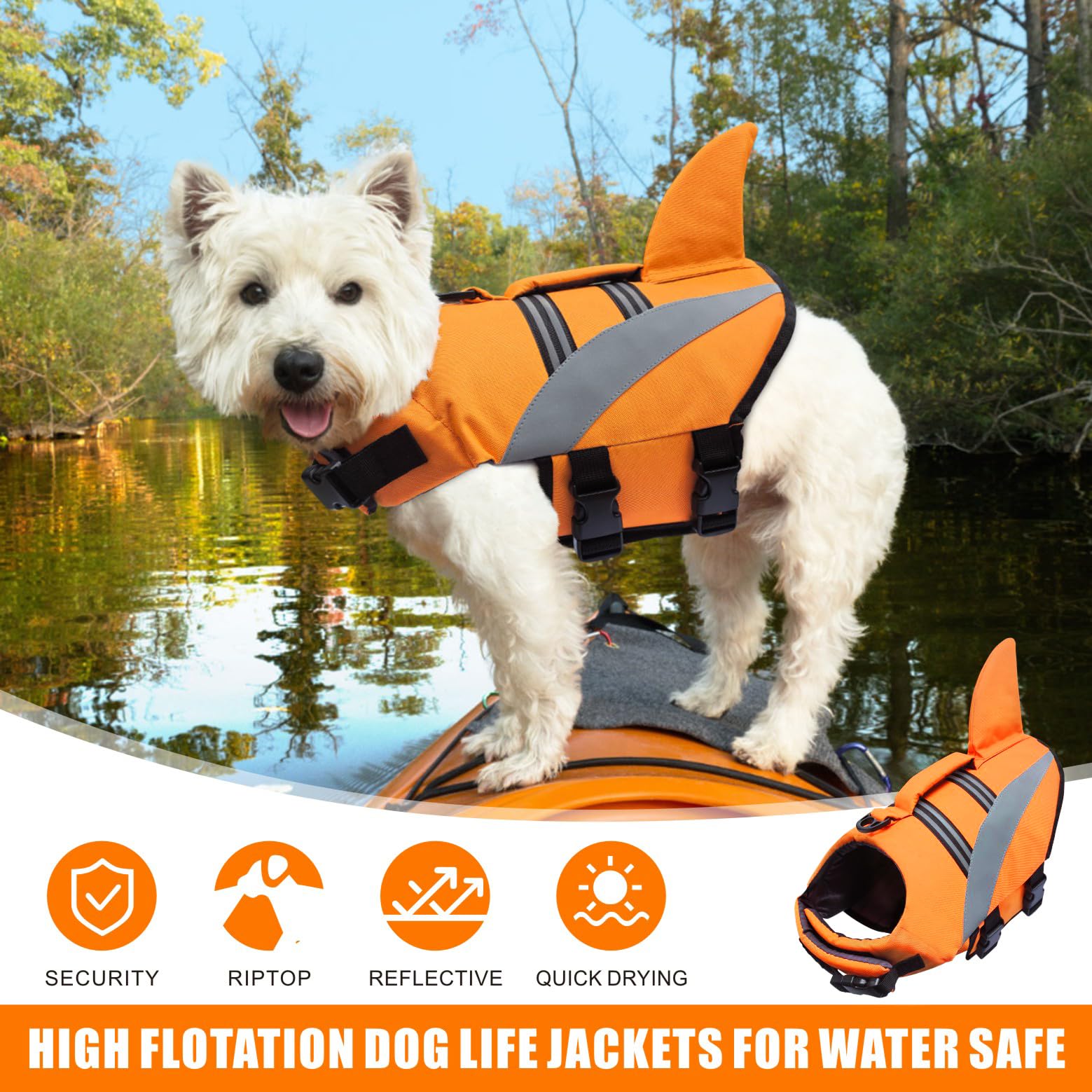 Mosucoirl Dog Life Jacket High Flotation,Shark Dog Lifesavers Floats Coat High Visibility Reflective Pet Safety Vest Swimsuits S