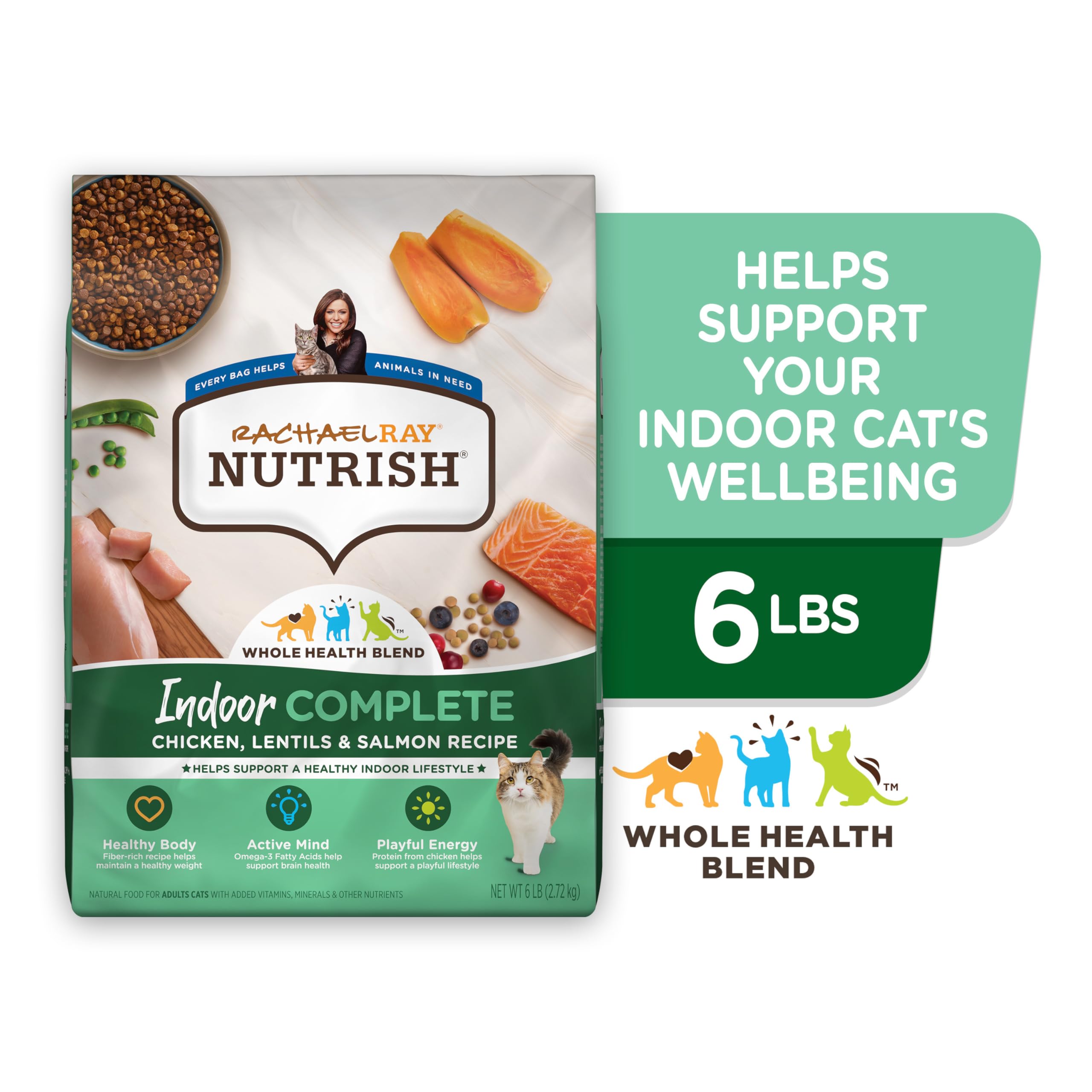 Rachael Ray Nutrish Indoor Complete Premium Natural Dry Cat Food, Chicken with Lentils & Salmon Recipe, 14 Pounds (Packaging May