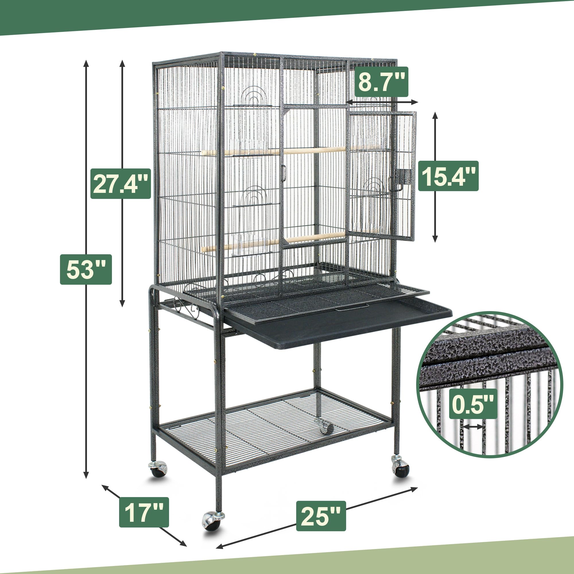 ZENY 53-Inch Bird Flight Cage, Wrought Iron Standing Large with Rolling Stand for Cockatiels Pet Parrot Parakeet Lovebird Canary
