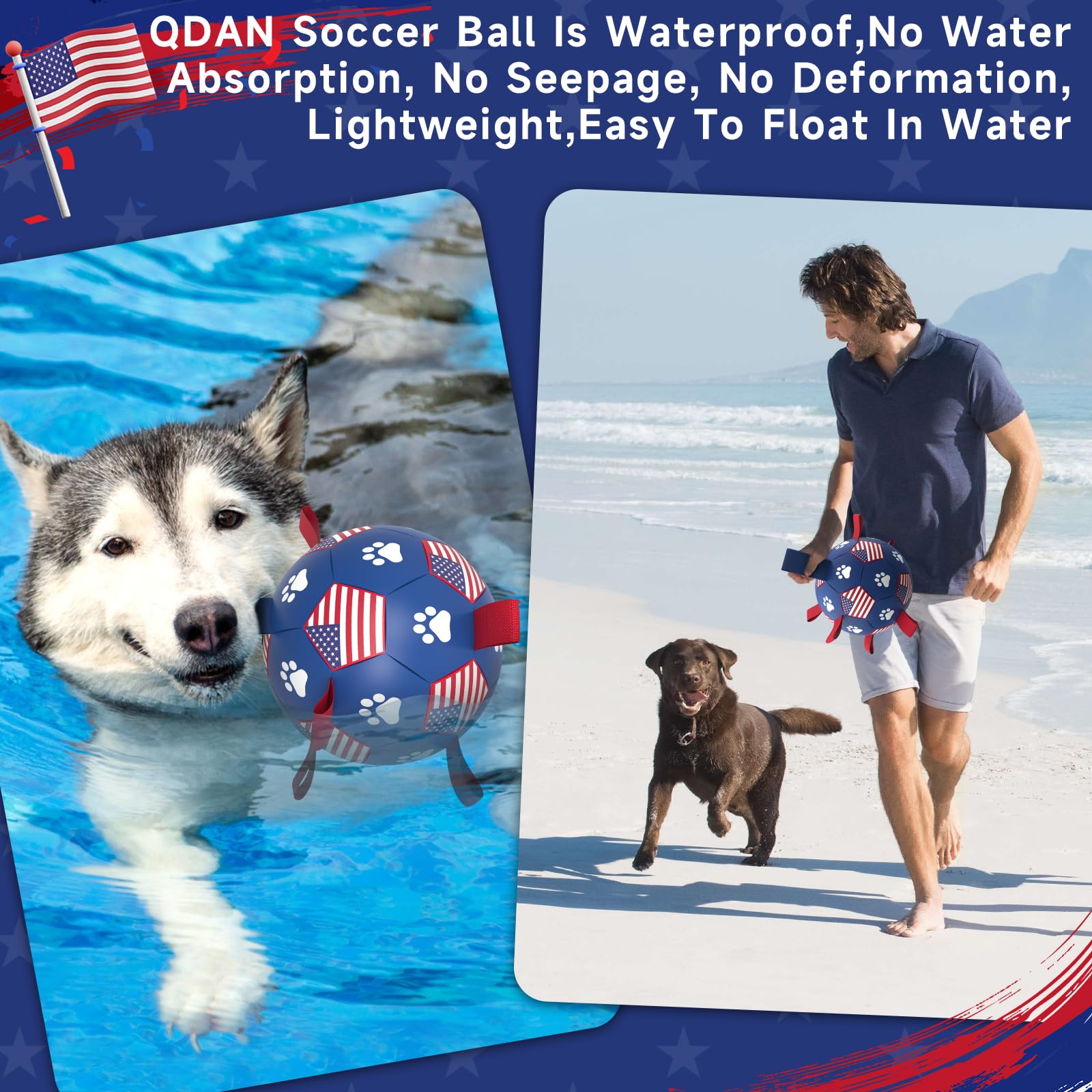 Qdan Dog Toys Soccer Ball With Straps - Durable Dog Balls For Extra Large Dogs, Beach Pool Dog Water Toy, Puppy Dog Birthday Gifts, Herding Balls For Dog (9 Inch), American Flag