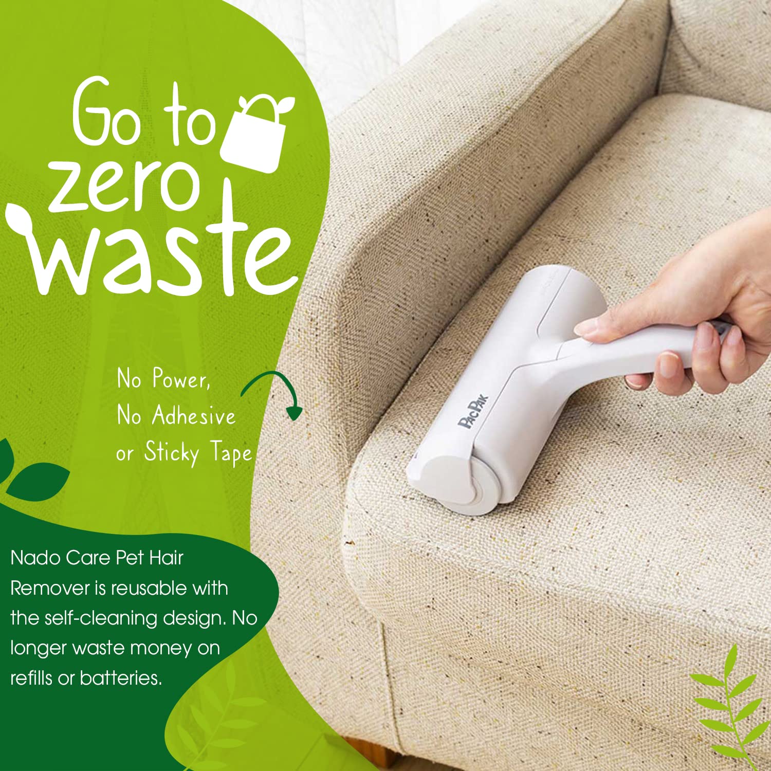 Nado Care Pet Hair Remover - Self-Cleaning Lint Roller for Dogs & Cats - White, Plastic Model Nado-R