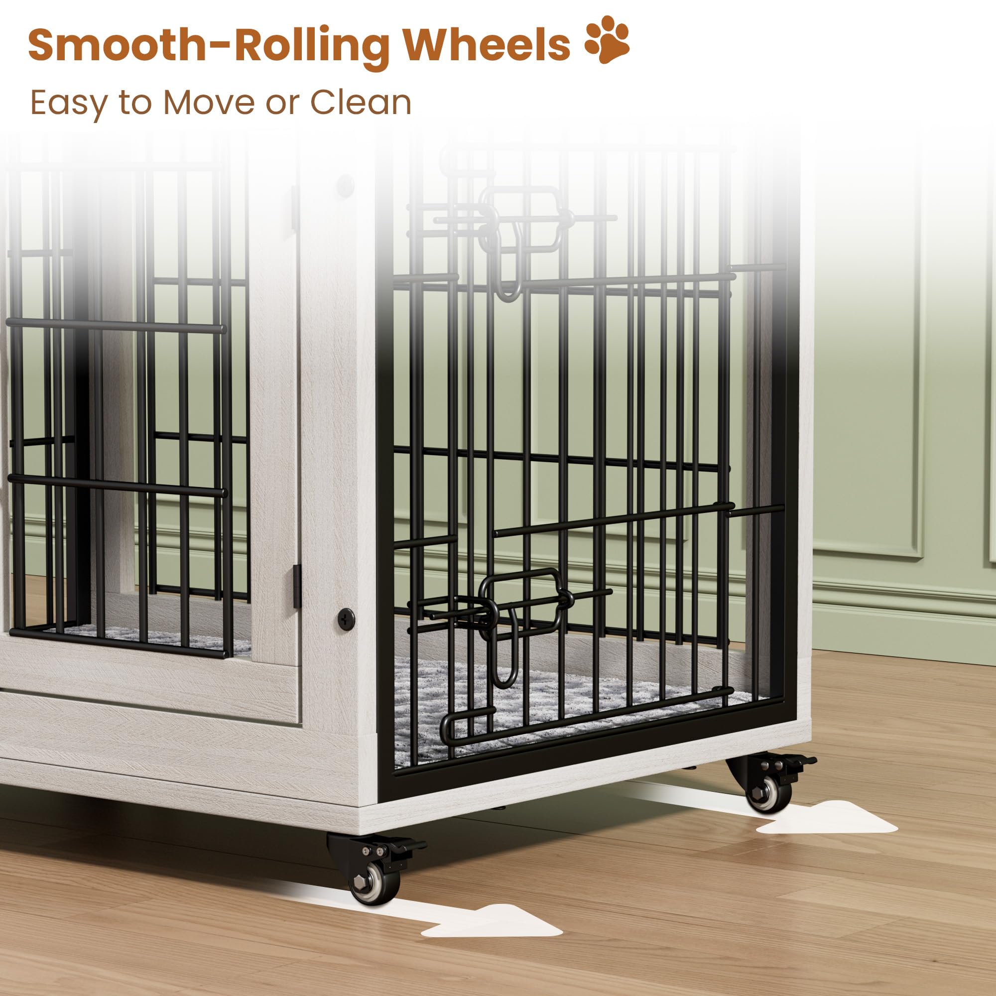 Lulive Dog Crate Furniture for Medium Dogs, 32" Wooden Kennel with Cushion & Wheels, White, Model PT007402
