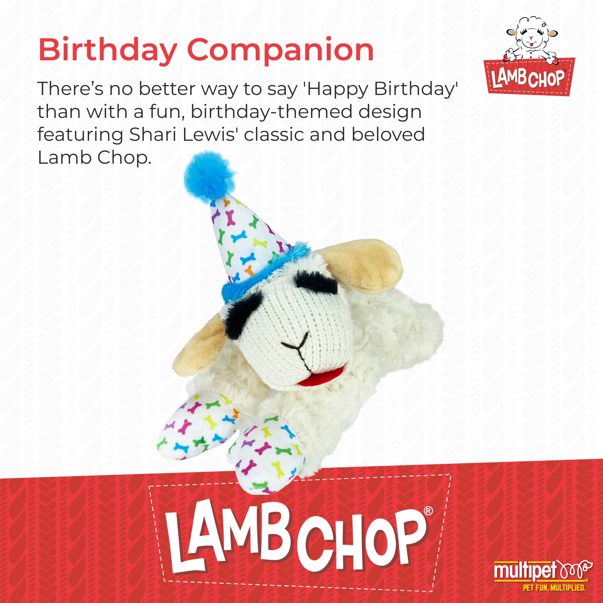 Multipet Lamb Chop Plush Toy - Squeaky Dog Birthday Hat - Soft, Cute, Playing Dog Toy (10.5', Blue Hat, 5 Squeakers)
