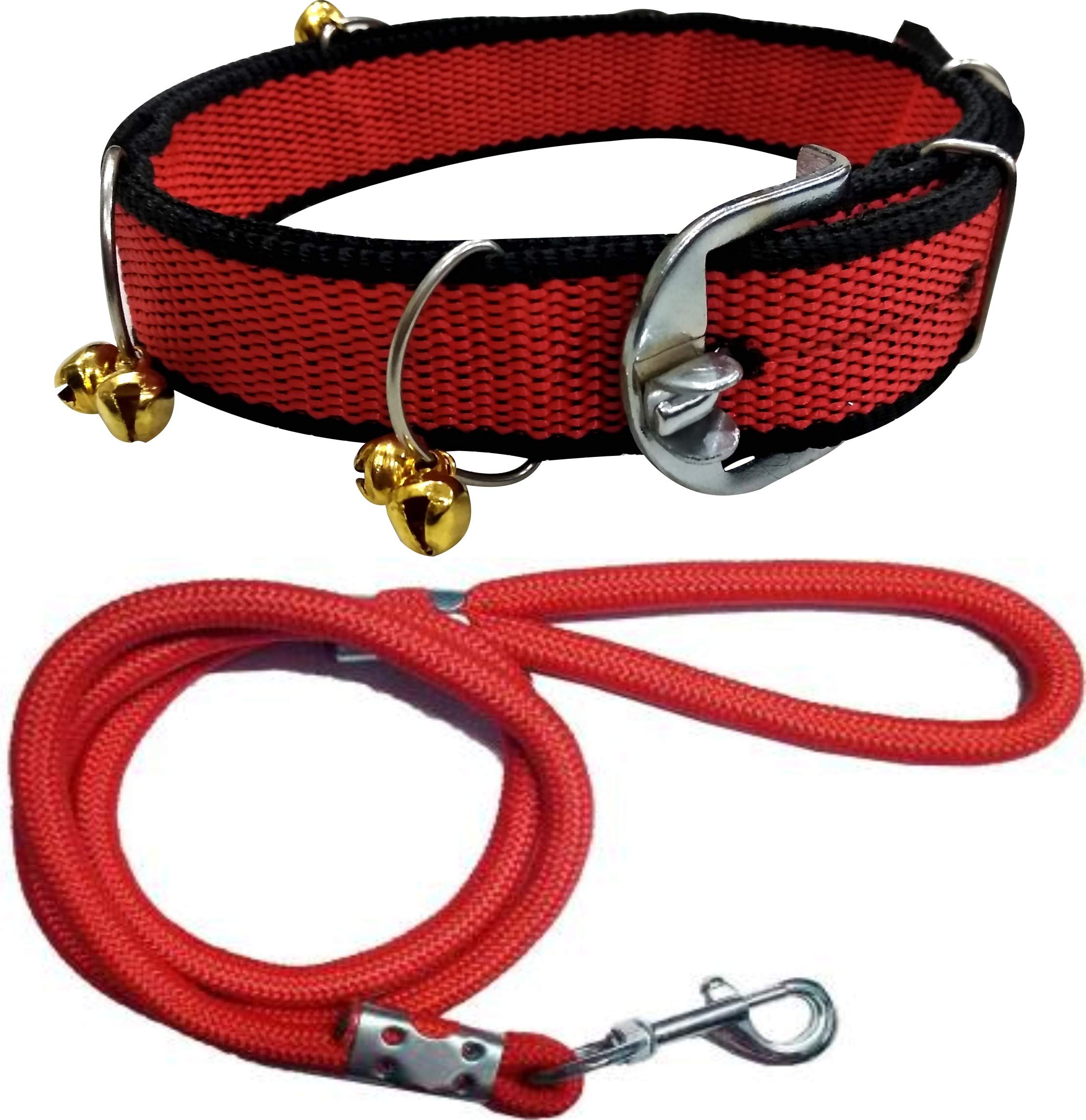 Pedigone Dog Belt Combo Of Ghungroo Dog Collar With Red Dog Lead Specially For Medium Breed Dog Collar Leash (Black Red)
