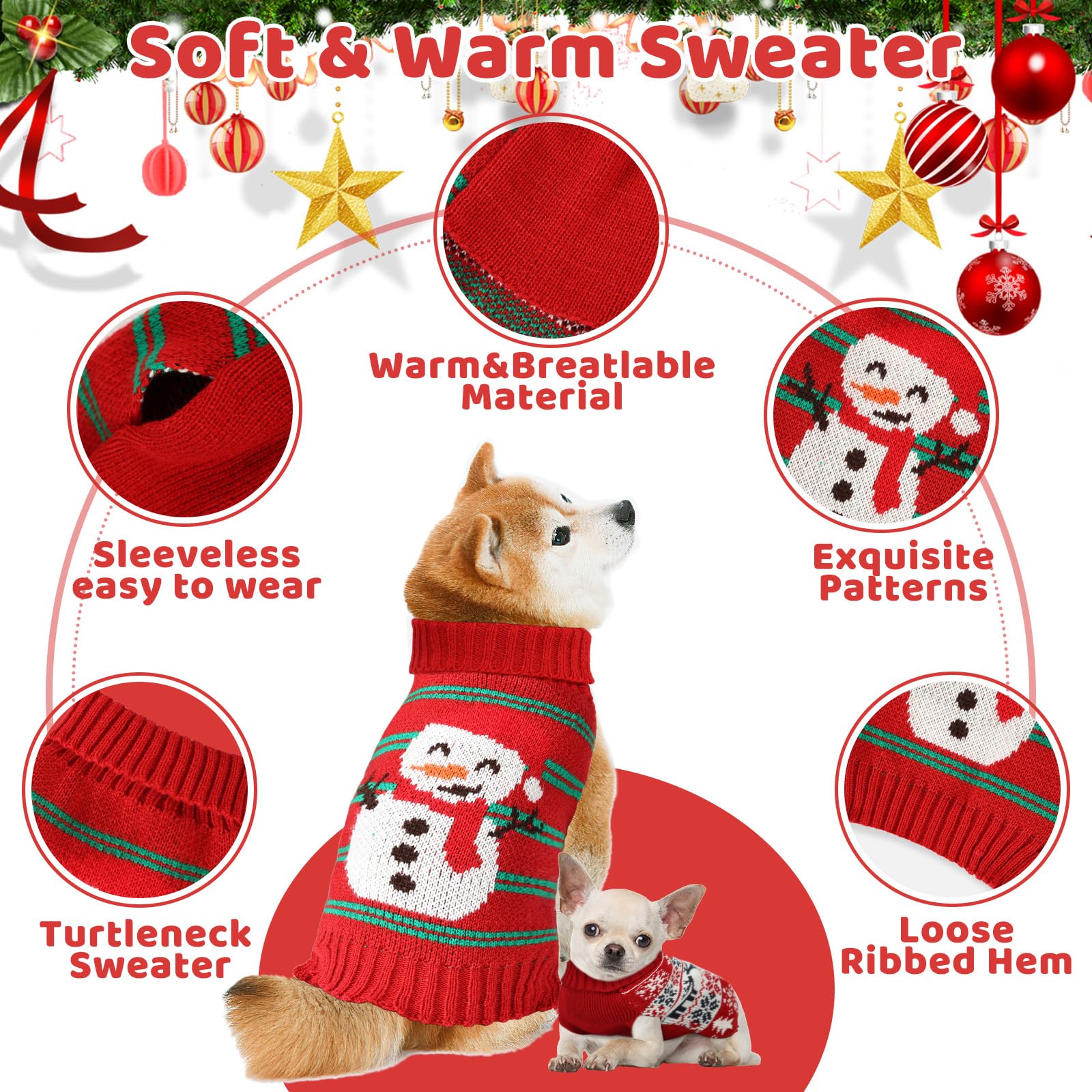 Christmas Dog Sweaters & Shirts - Soft, Warm Turtlenecks For Small To Large Dogs, Double Knit Collar For Outdoor Play, Snowman T