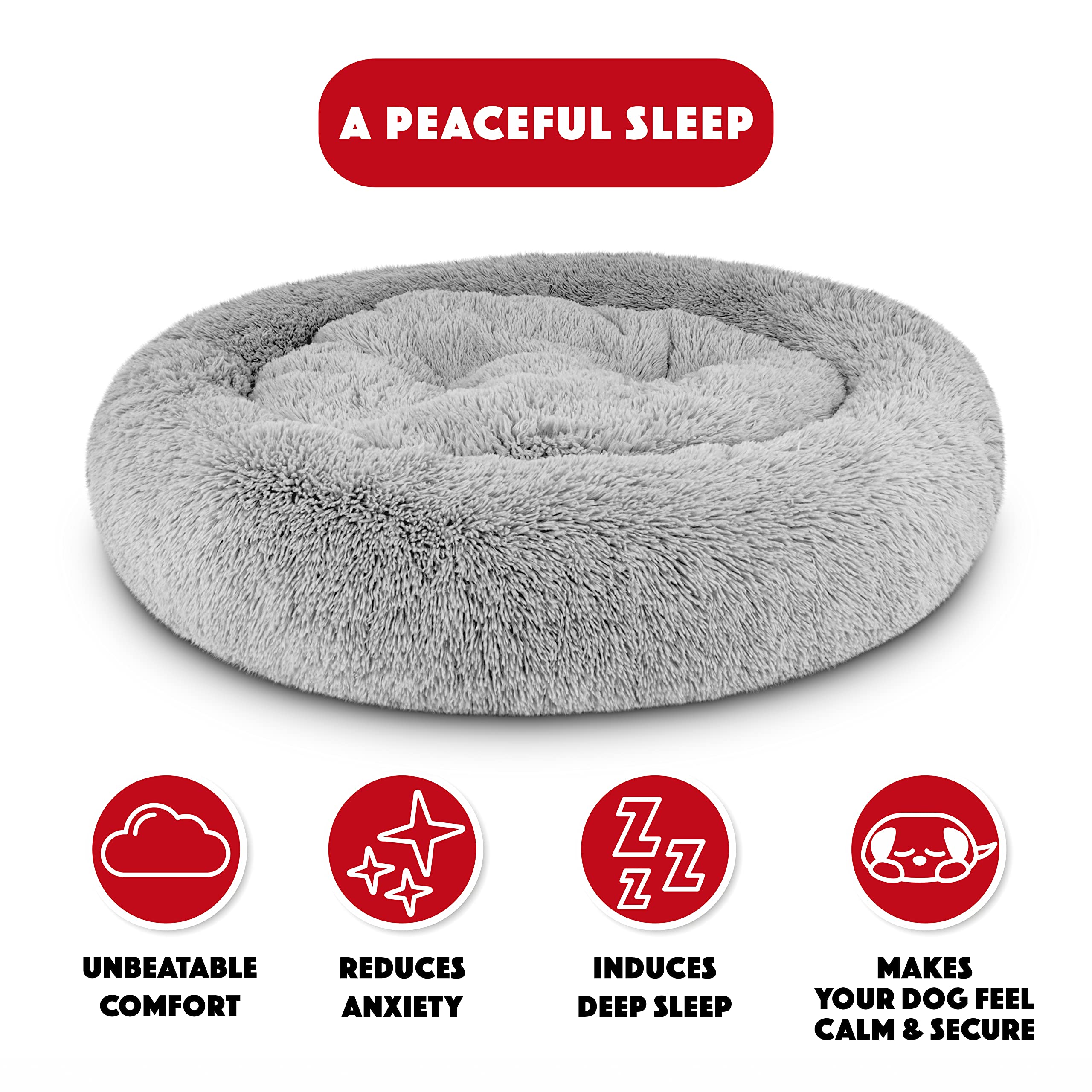 The Dogs Bed Sound Sleep Donut Dog Bed, XL Silver Grey Fur Calming Nest Bed Removable Cover, Veterinary Approved
