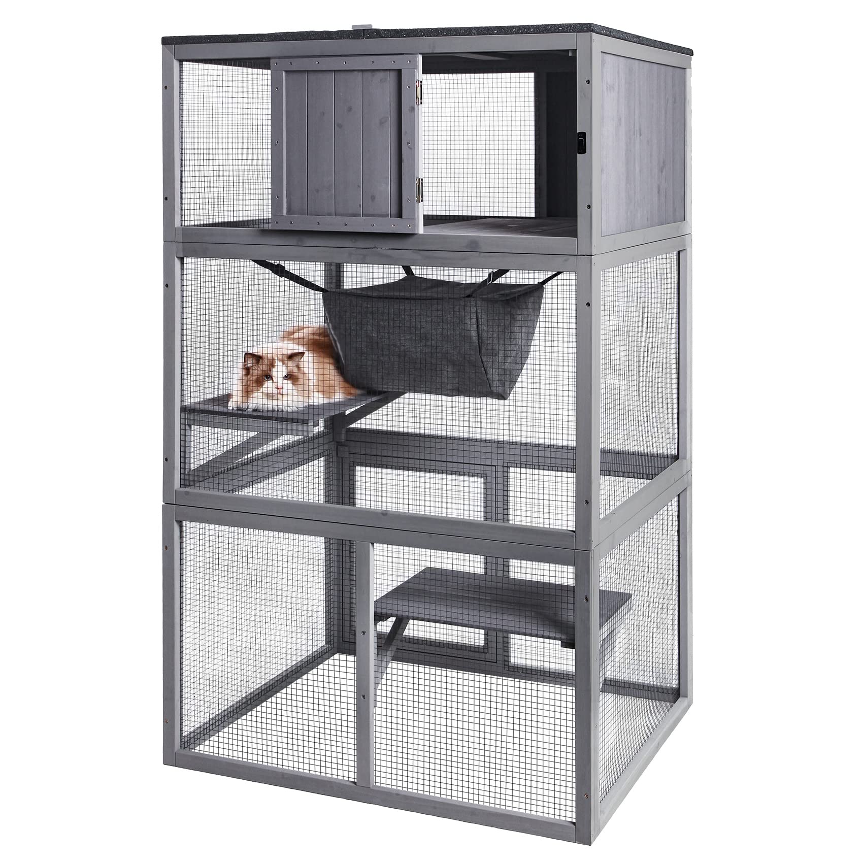 X-Zone Pet Catio Wooden Cat House, Outdoor 3 Floors Cat Enclosure, Indoor Large Kitten Playpen With Hammock & Resting Box, Cat Cage Waterproof Roof