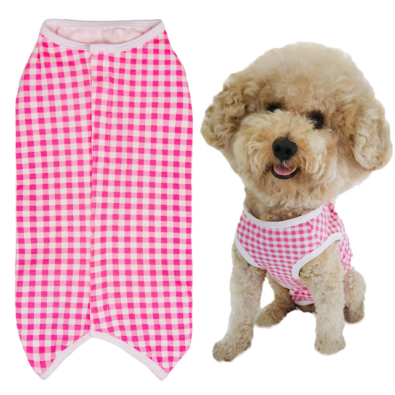 Dogs Recovery Suit Post Surgery Shirt For Puppy, Wound Protective Clothes For Little Animals(Pink White Plaid-M)