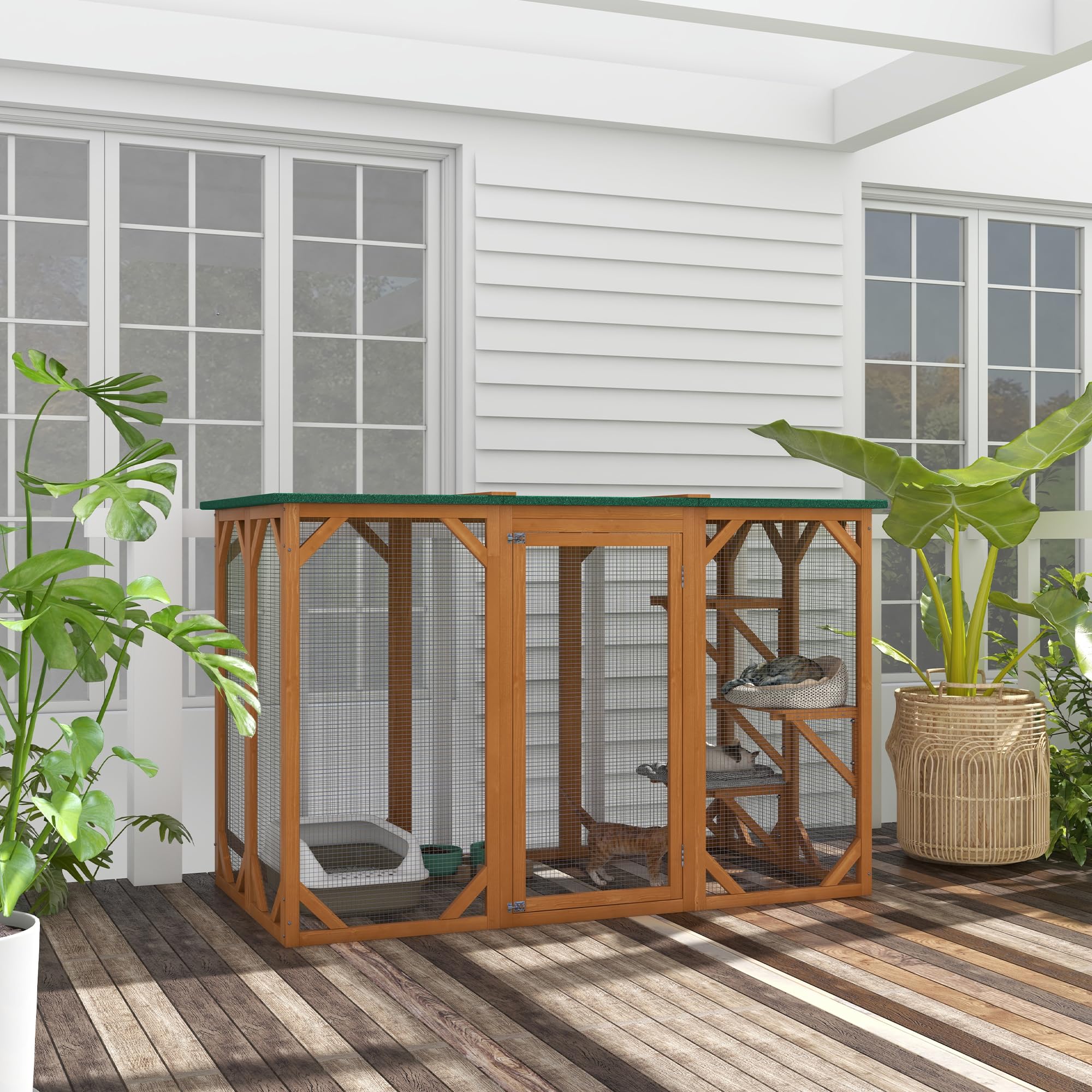Pawhut Outdoor Cat House, Catio Wooden Feral Cat Shelter, Cat Cage With Platforms, Large Enter Door, Weather Protection Asphalt Roof, 71' L, Orange
