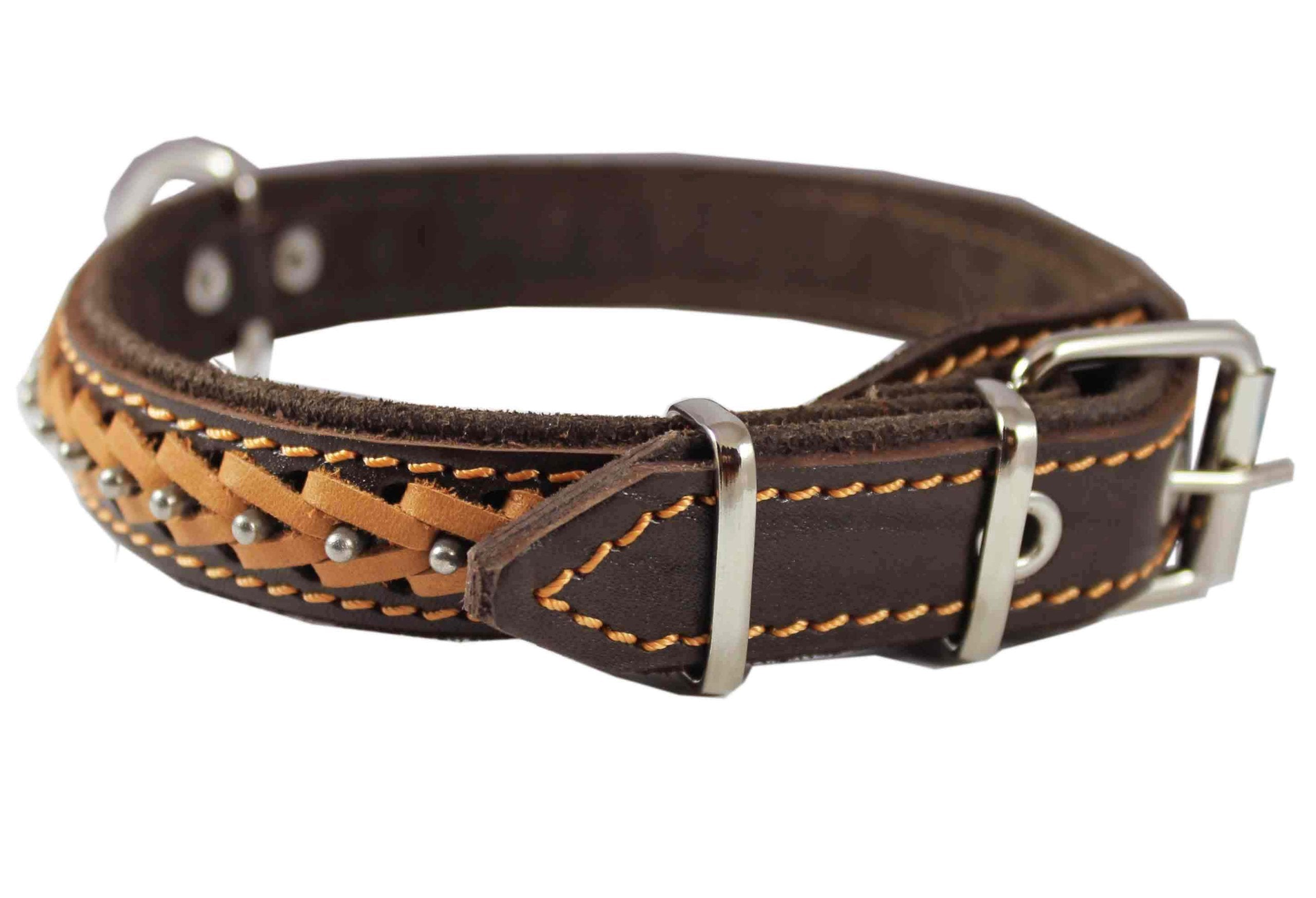 Genuine Leather Braided Studded Dog Collar, Brown 1 Wide. Fits 14-18 Neck.