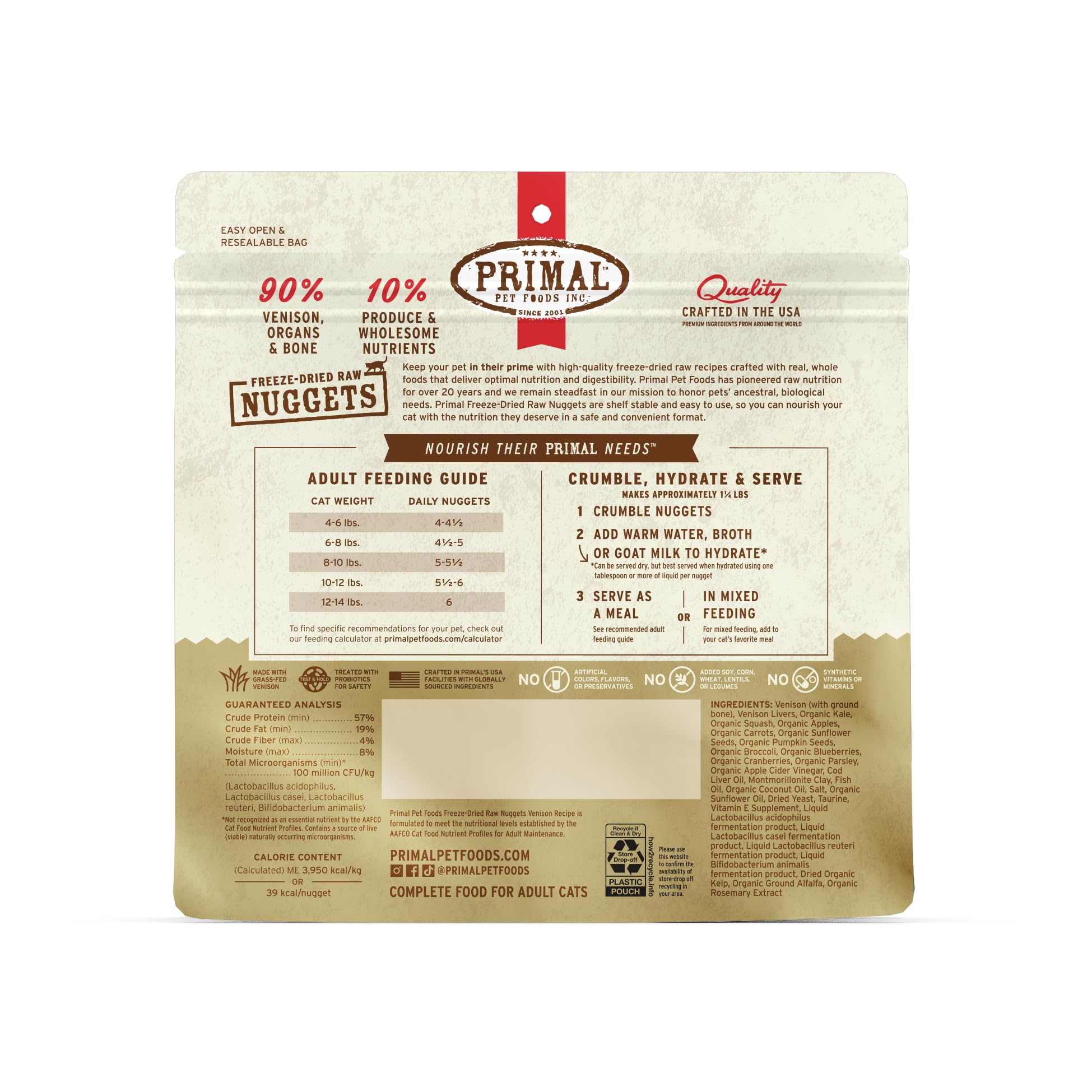 Primal Freeze Dried Raw Cat Food Nuggets Venison, Complete & Balanced Meal or Topper, Premium, Healthy, Grain Free, High Protein