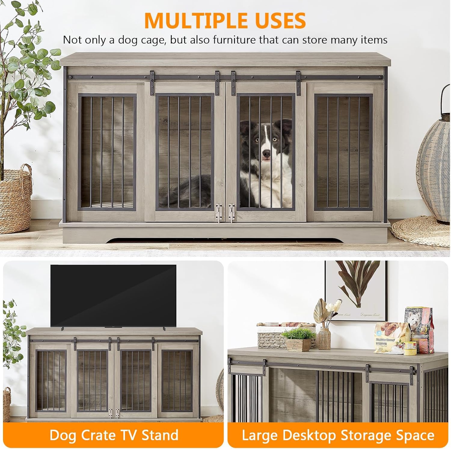 Yafylly 2-in-1 Double Dog Crate Furniture with Divider 60.6 Inch Grey Sturdy Dog Kennel TV Stand with 2 Sliding Doors and Thick