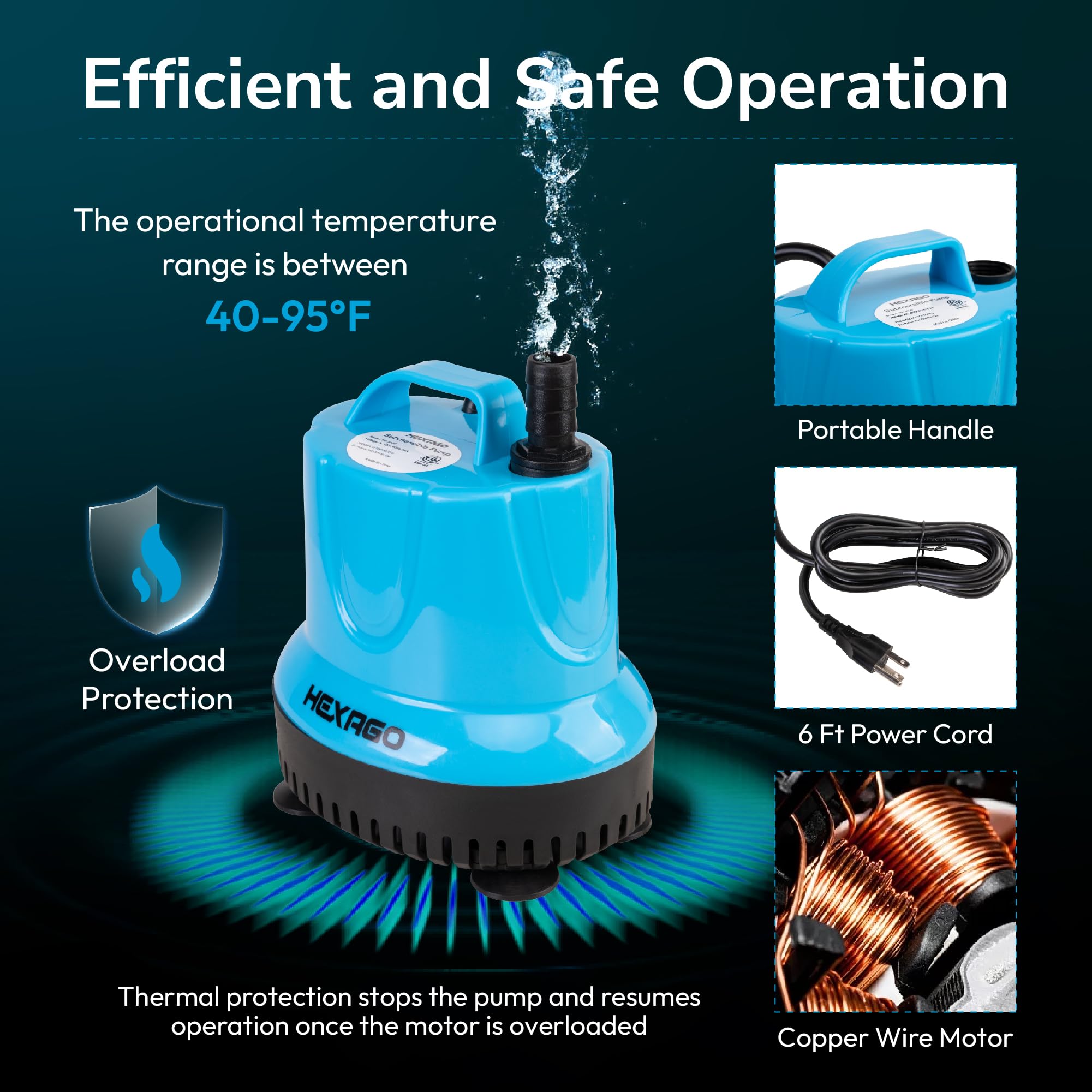 Hexago 580GPH Submersible Water Fountain Pump, 60W Small Sump Pump with 9FT High Lift, Aquarium Pumps for Outdoor Pond, Hydropon
