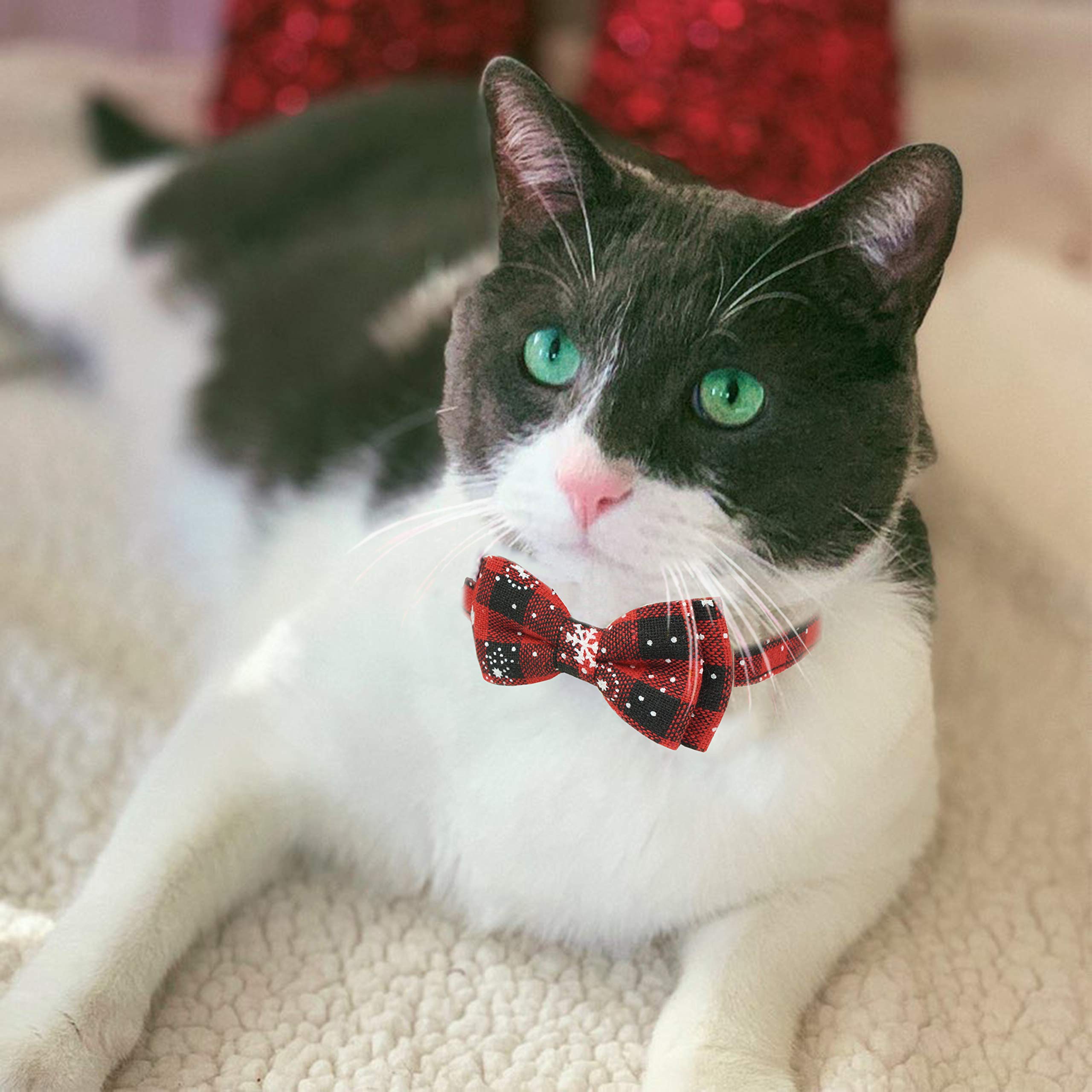 Pohshido 2 Pack Christmas Cat Collar With Movable Bowtie, Holiday Cat Bowtie Plaid Patterns, Breakaway Buckle Safety Kitty Kitten Collar With Bell, Adjustable Pet Collar For Cats And Puppies