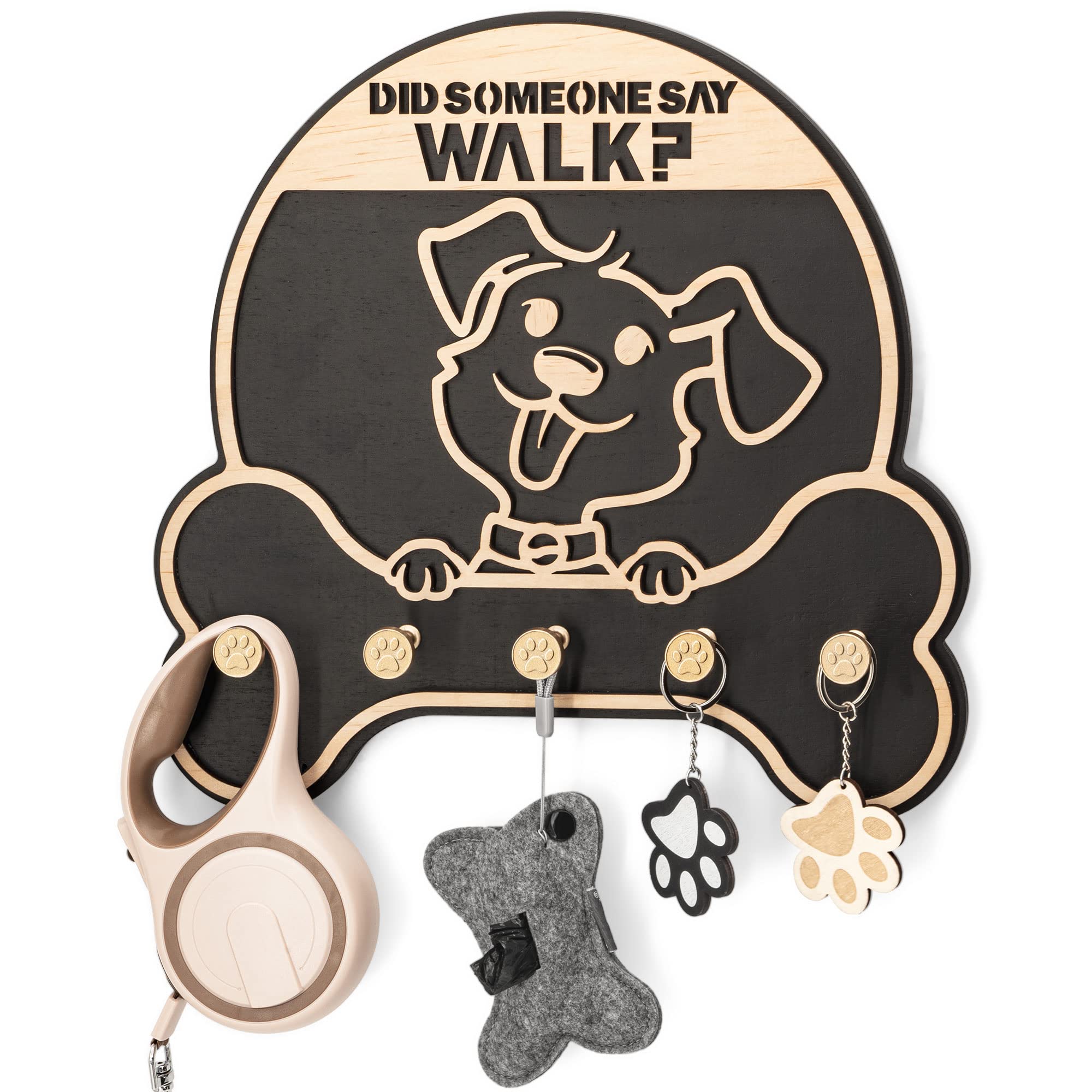 Mtersn Dog Leash Holder For Wall - Decorative Key Organizer And Leash Holder Wall Mount With 5 Dogs Paw Print Hooks For Dogs Lea