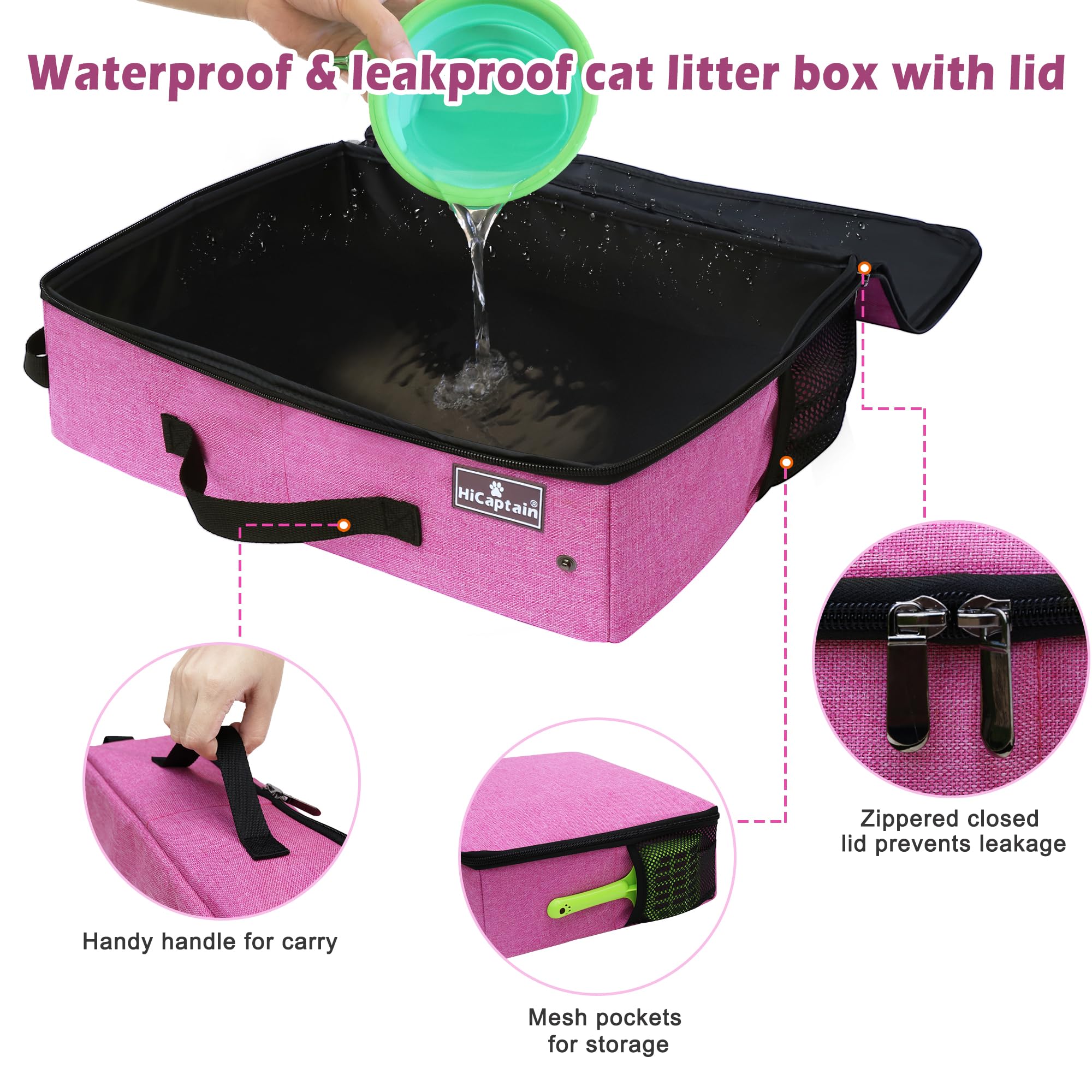 Hicaptain Portable Cat Travel Litter Box With Lid, Foldable Travel Litter Box In Car Designed For Medium Cats, Light Weight Leak