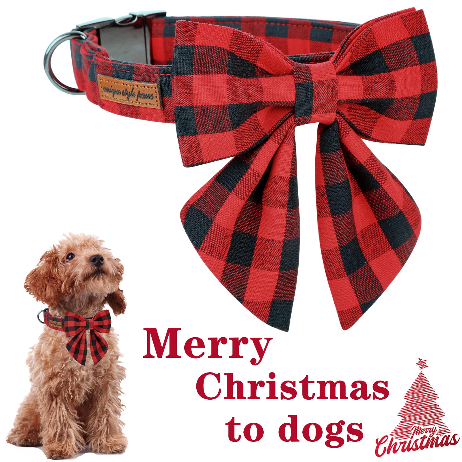 Unique Style Paws Christmas Dog Collar With Bow Tie Classic Red Plaid Puppy Collar For Small Medium Large Dogs As Holiday Winter Gifts-Xl