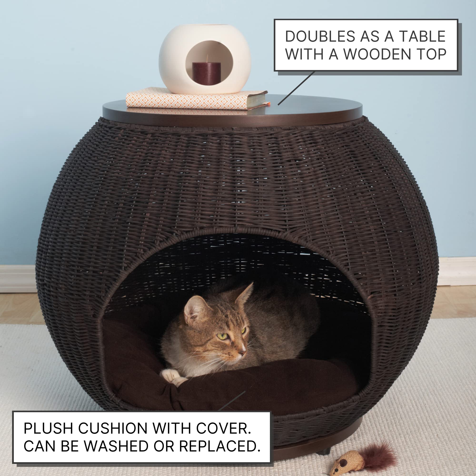 The Refined Canine Igloo Indoor Dog Bed & Cat Bed in Espresso, Multipurpose Pet Bed with Table Top, Claw-Proof Faux Rattan is Ea