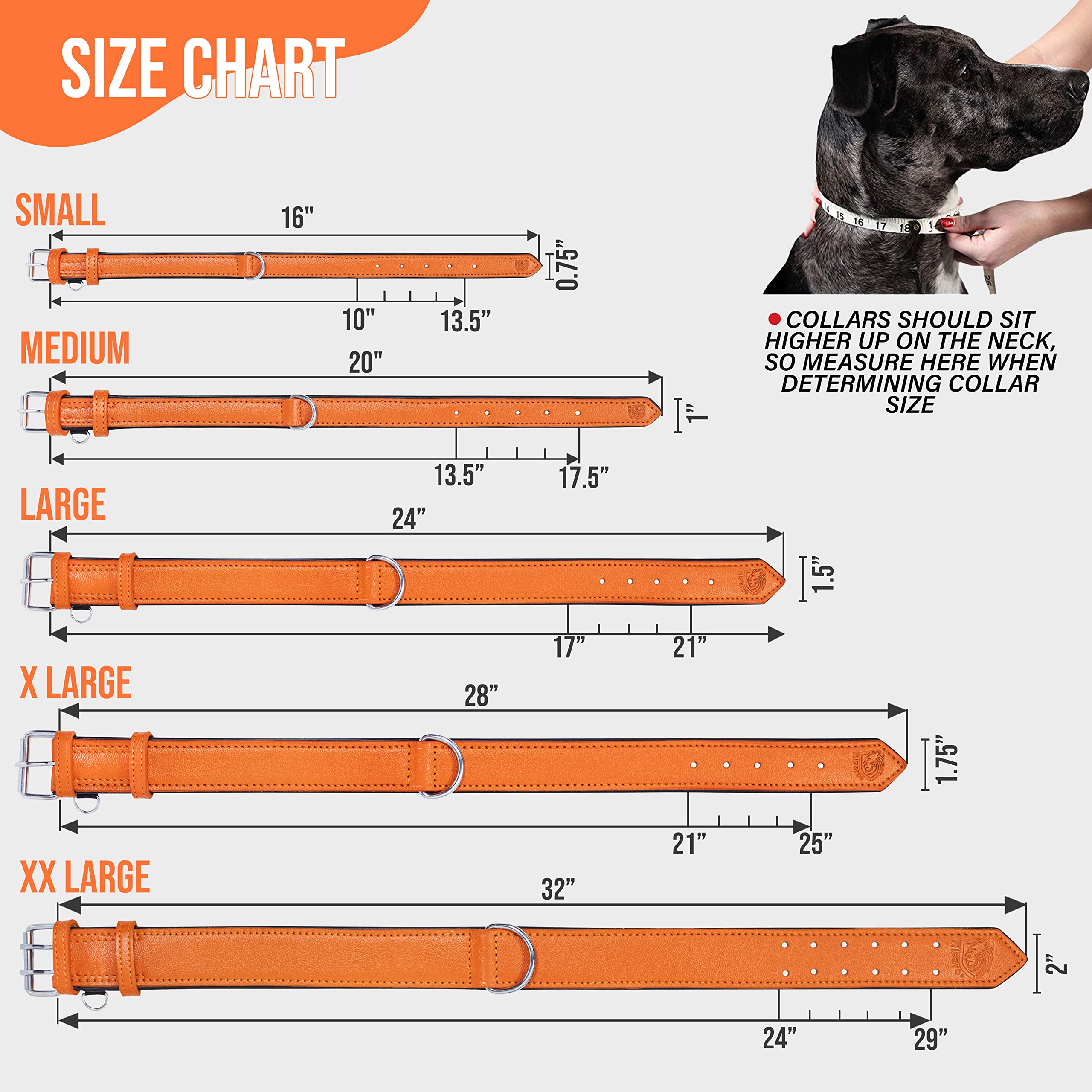 Riparo Orange Leather Dog Collar - Heavy Duty Wide Dog Collar For Small, Medium, Large And Extra Large Dogs With Dog Tag Holder