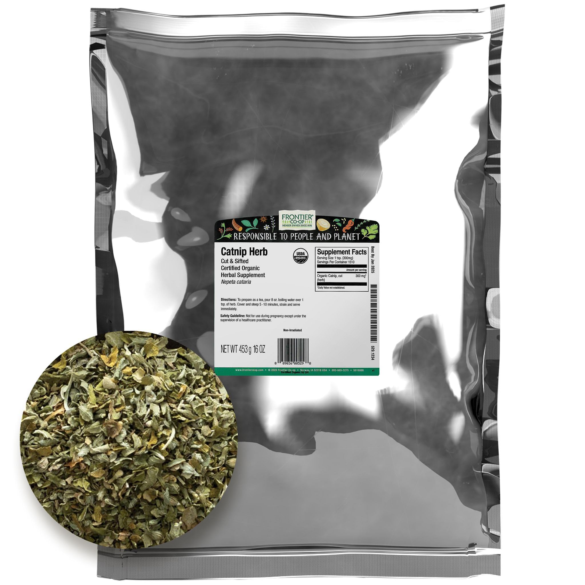 Frontier Co-op Organic Catnip, 1-Pound Bulk, Loved By Cats & Gardeners, Popular Tea Blend, Organic, Kosher
