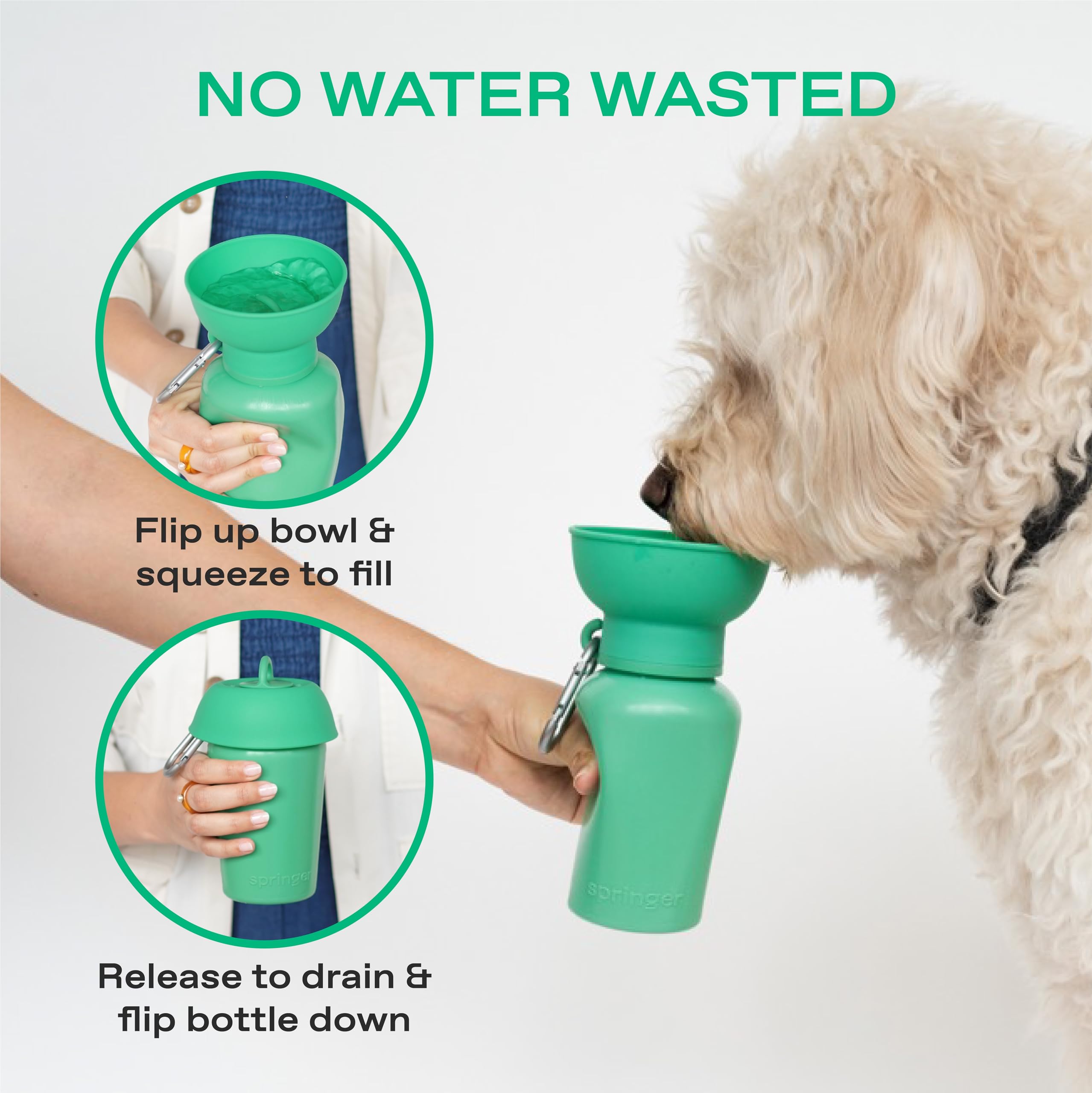 Springer Flip Portable Dog Water Bottle with Foldable Food Grade Silicone Bowl - 20 Ounce Travel Dog Water Bottle Ideal for Camp