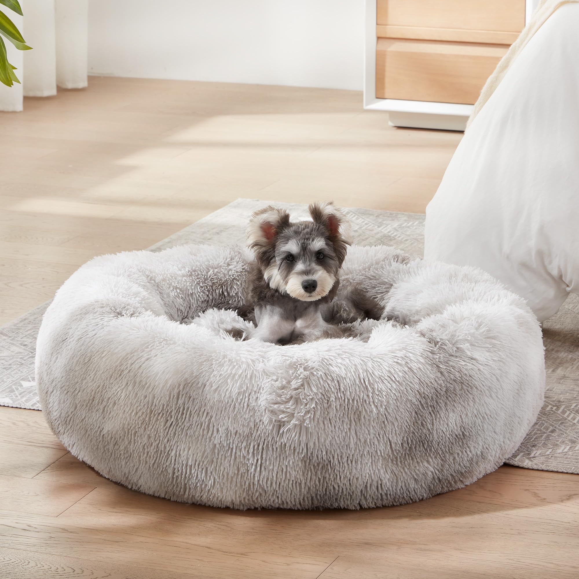 WESTERN HOME WH Calming Dog & Cat Bed, 27" Soft Faux Fur, Anti-Anxiety Donut Cuddler, White Grey